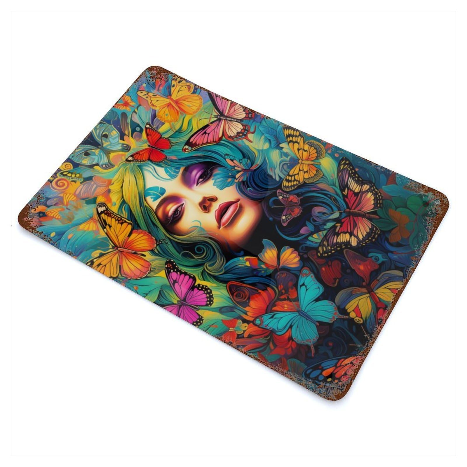 Psychedelic Butterflies 4 Distressed Metal Wall Sign 11.8"x7.9", Industrial Home Decor for Garage, Pub Or Kitchen