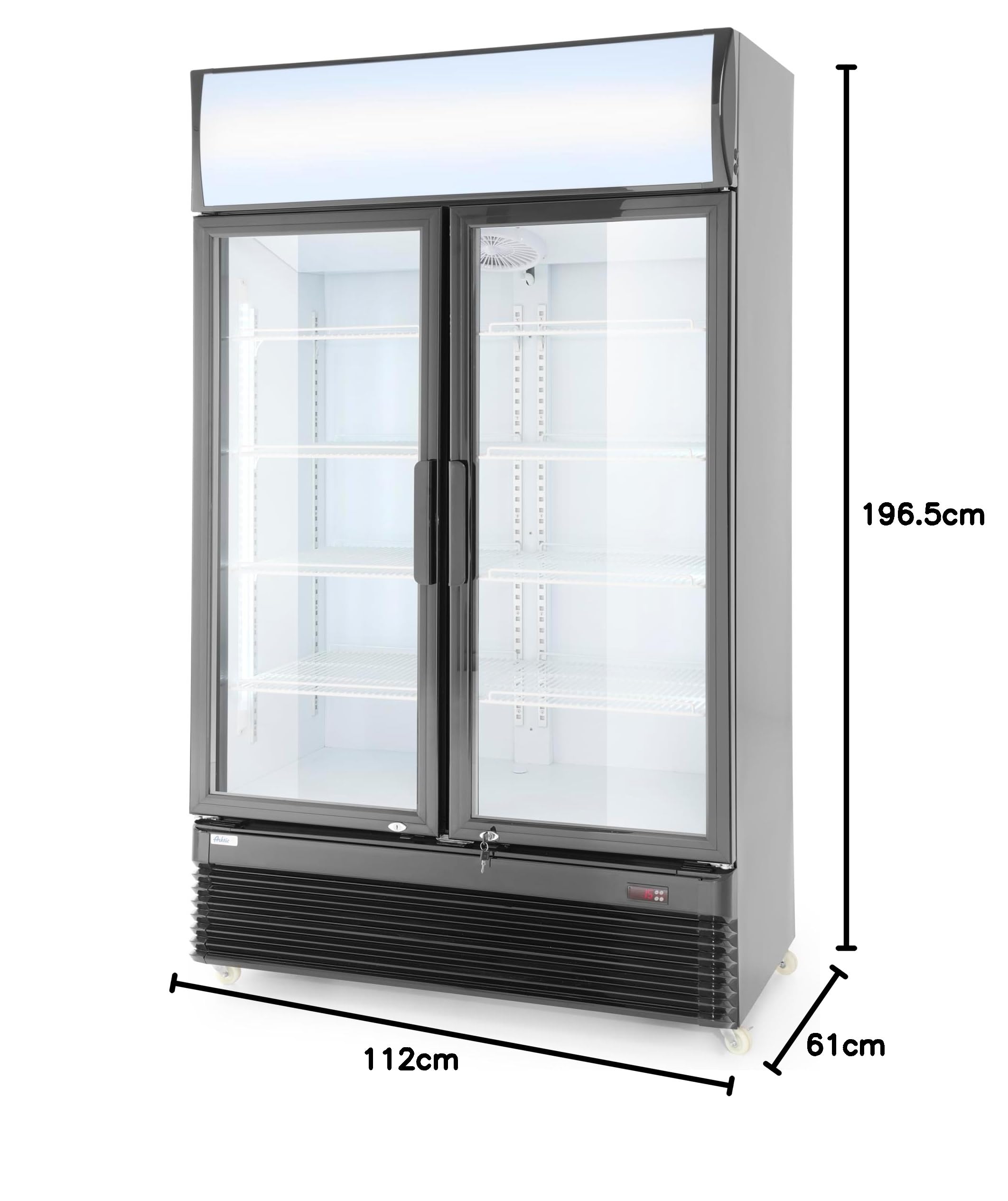 HENDI Frigorifero pubblicitario Arktic per bevande, armadio refrigerato verticale con pannello retroilluminato, 2 porte, 512L, 0–10°C, 220V, 510W, 1120x585x(H)1900mm, acciaio verniciato a polvere nero