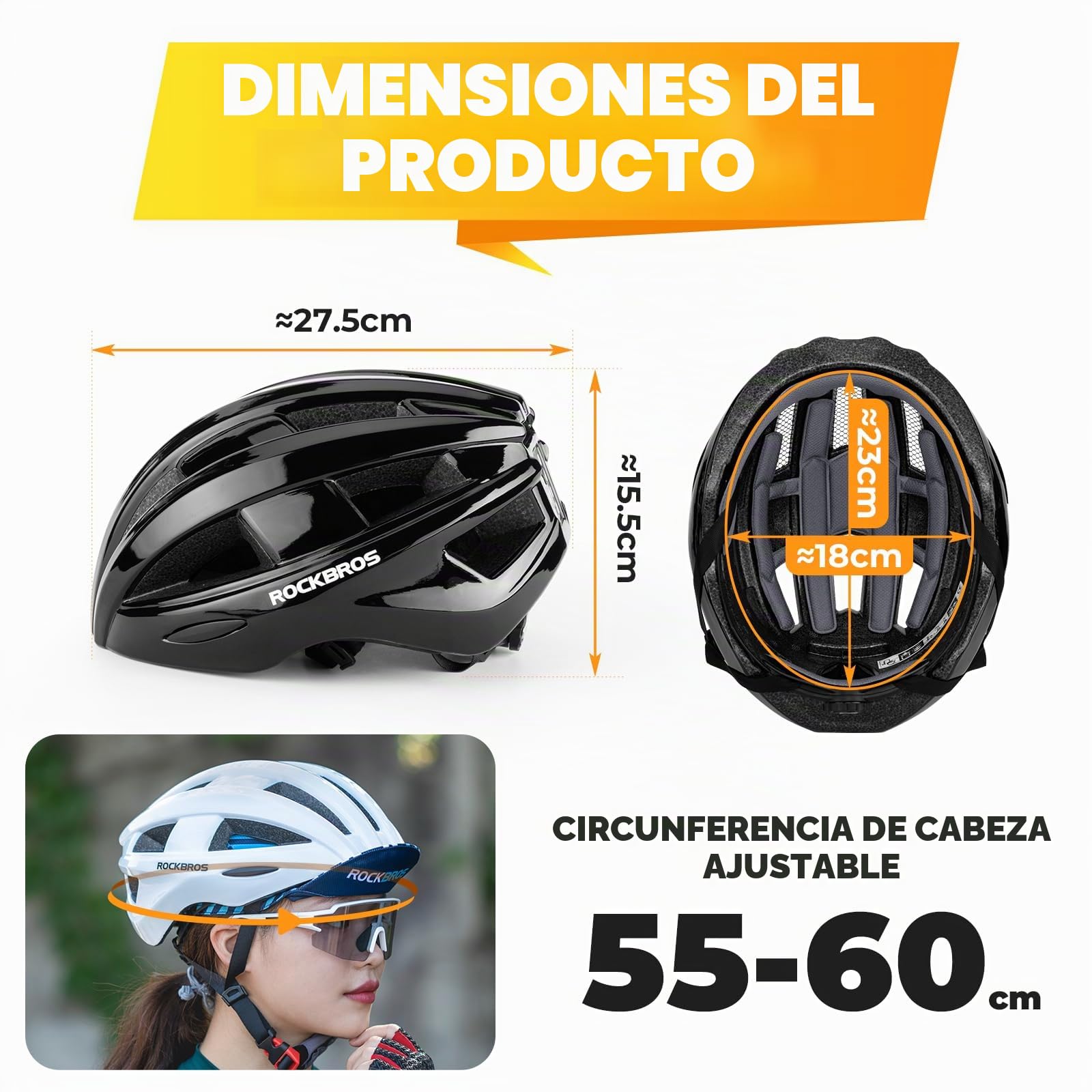 ROCKBROS Casco de Bicicleta con Luz LED para Hombre Mujer, 55-60 cm | 3 Modos de Luz, Transpirable, Ajustable y con Forro Desmontable para Ciclismo de Carretera y MTB