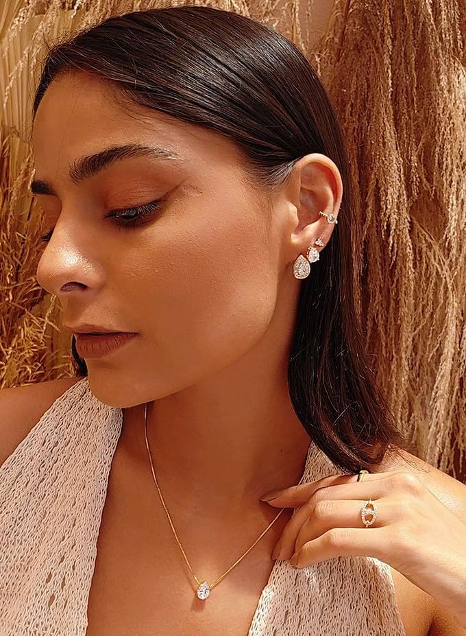 Miniatura 2 de Conjunto de joyas chapado en oro de 18 quilates, cristal de circonita de diamantes de imitación, cristal de circonita, collar+pendientes, Oro