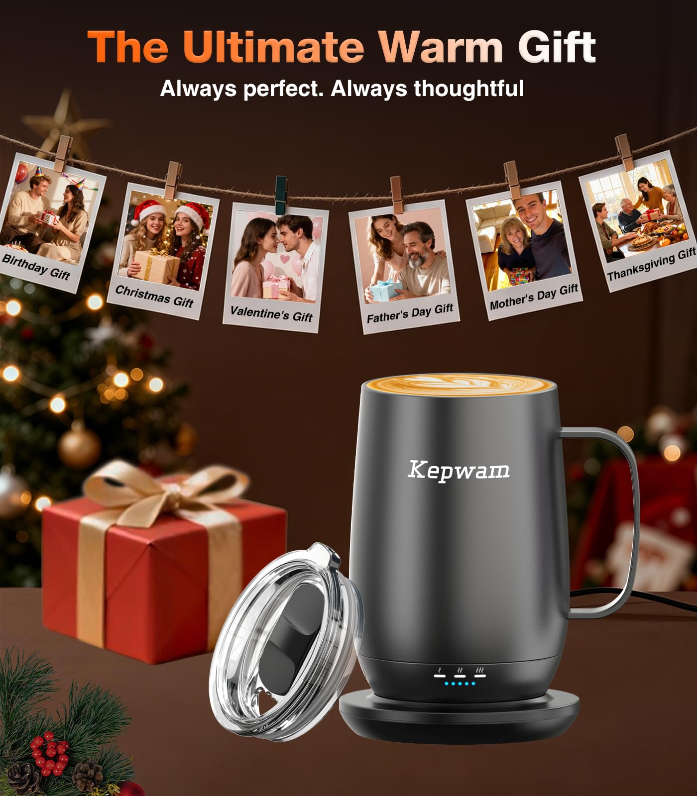 Kepwam Taza de café con calefacción T2-Plus, taza de café con calefacción de gran capacidad, capacidad líder, hasta 8 horas de batería y caliente hasta 65.0 °C, taza de café inteligente para mujeres y