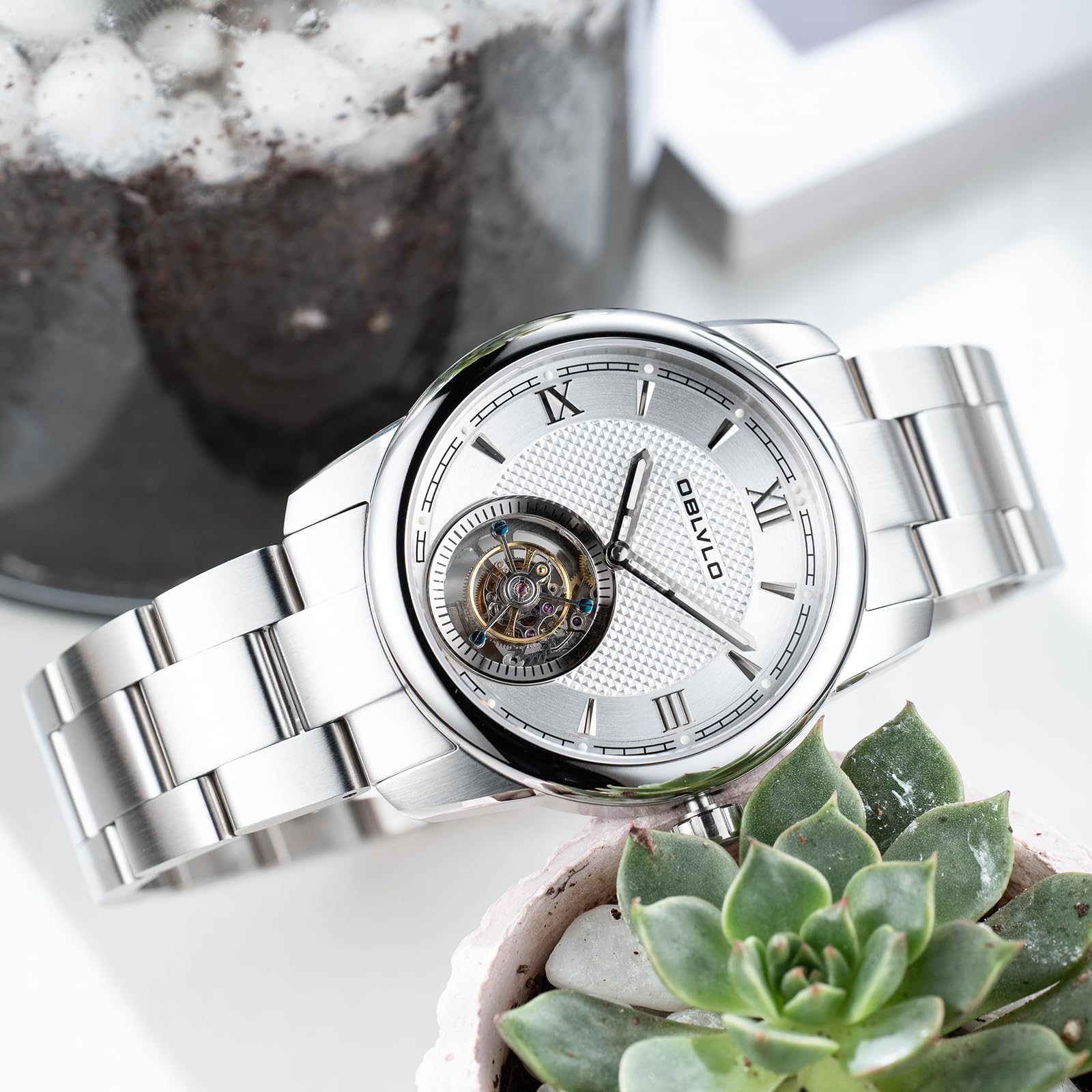 OBLVLO Luxusmarke Herren Edelstahl Tourbillon Uhr Selbstaufzug Automatikuhren Wasserdicht Business Uhr für Herren SK-TOUR