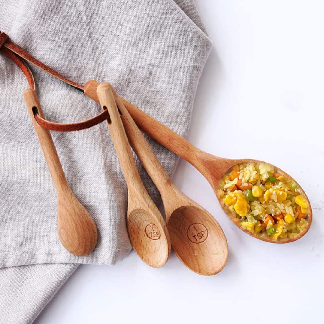 SYOSI 4PCS Wooden Beech Measuring Spoons Cups Baking Utensil Set, Engraved Accurate Spoons for Dry and Liquid Ingredients, No Paint Kitchen Cooking Tools Tablespoon