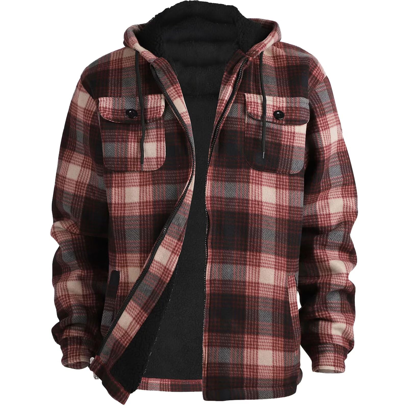 LeeHanTon Mens Flannel Jacket Heavyweight Sherpa Fleece Jackets Outdoor Hiking Casual Soft Warm Coat with Pockets