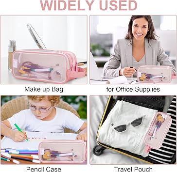 Lancry Clear Pencil Case, Large See Through Pencil Case with 2 Compartments for Boys, Girls & Women, Transparent Mesh Pouch for Stationery, Makeup, Travel & Office Supplies (Pink)