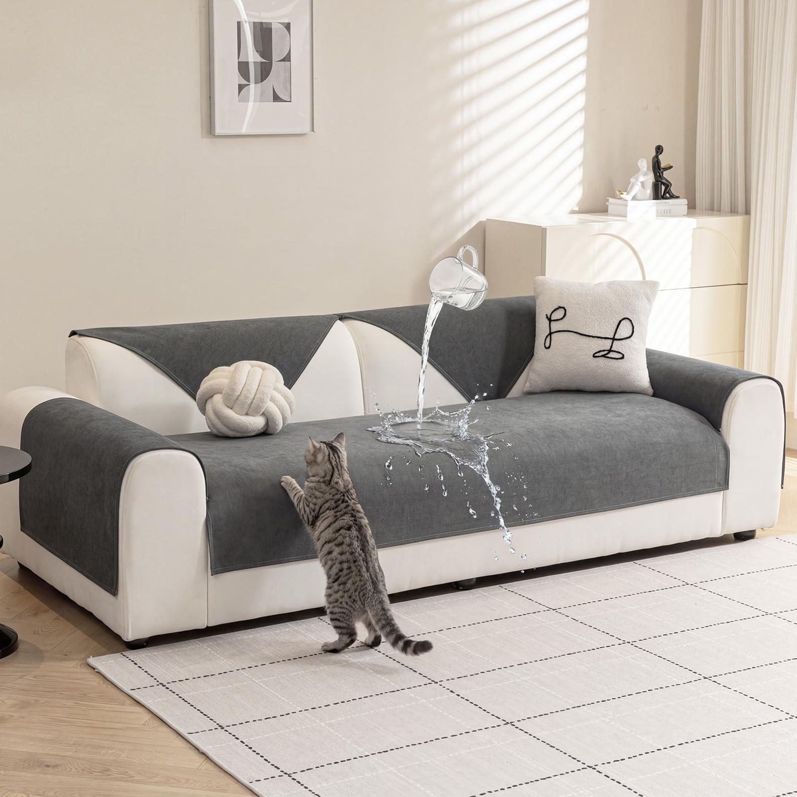 Warmstar Sofa Überzug Wasserdicht Chenille Couch Überzug,Kratzfest Hund Katze Sofabezug,Sofaschoner Rutschfester Sofa Cover 2 3 4 Sitzer für U Form L Form Sektionssofa (Dunkelgrau, 90 * 90cm)