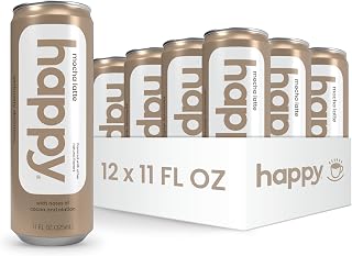 happy coffee canned mocha latte, 11 oz. cans, 12 pack, notes of cocoa & elation, 100% arabica beans, no artificial flavors or sweeteners