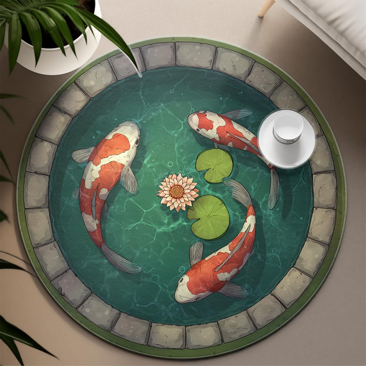 Okrągłe dywaniki 3D Koi Pond 160cm Dywan Iluzja Optyczna Ryby