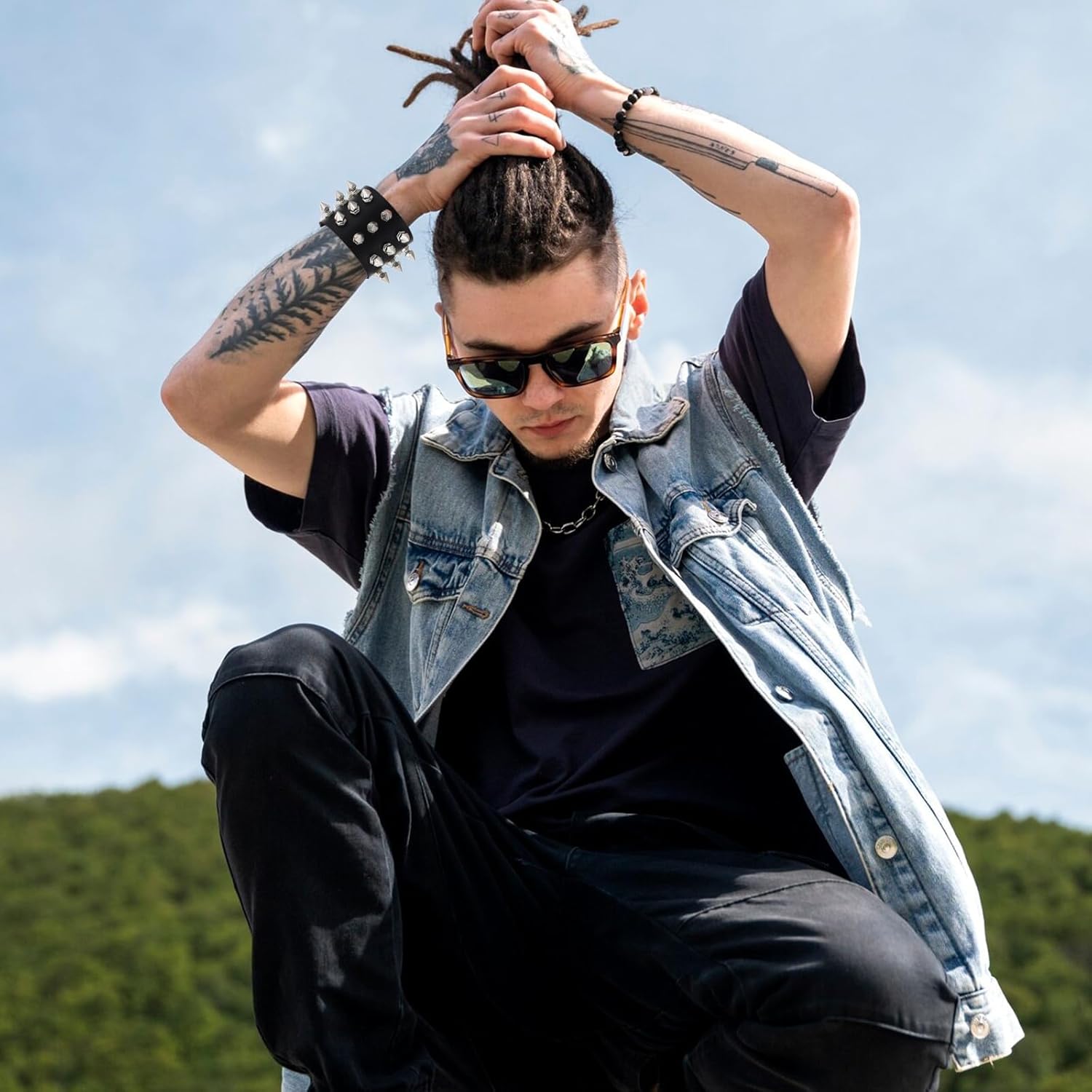 2 Pcs Studded Bracelet, Gothic Punk Rock Spiked Bracelets Black Leather Rivet Wristband Cuff Wrap Bangle for Men Women 80s Emo Accessories - Image 6