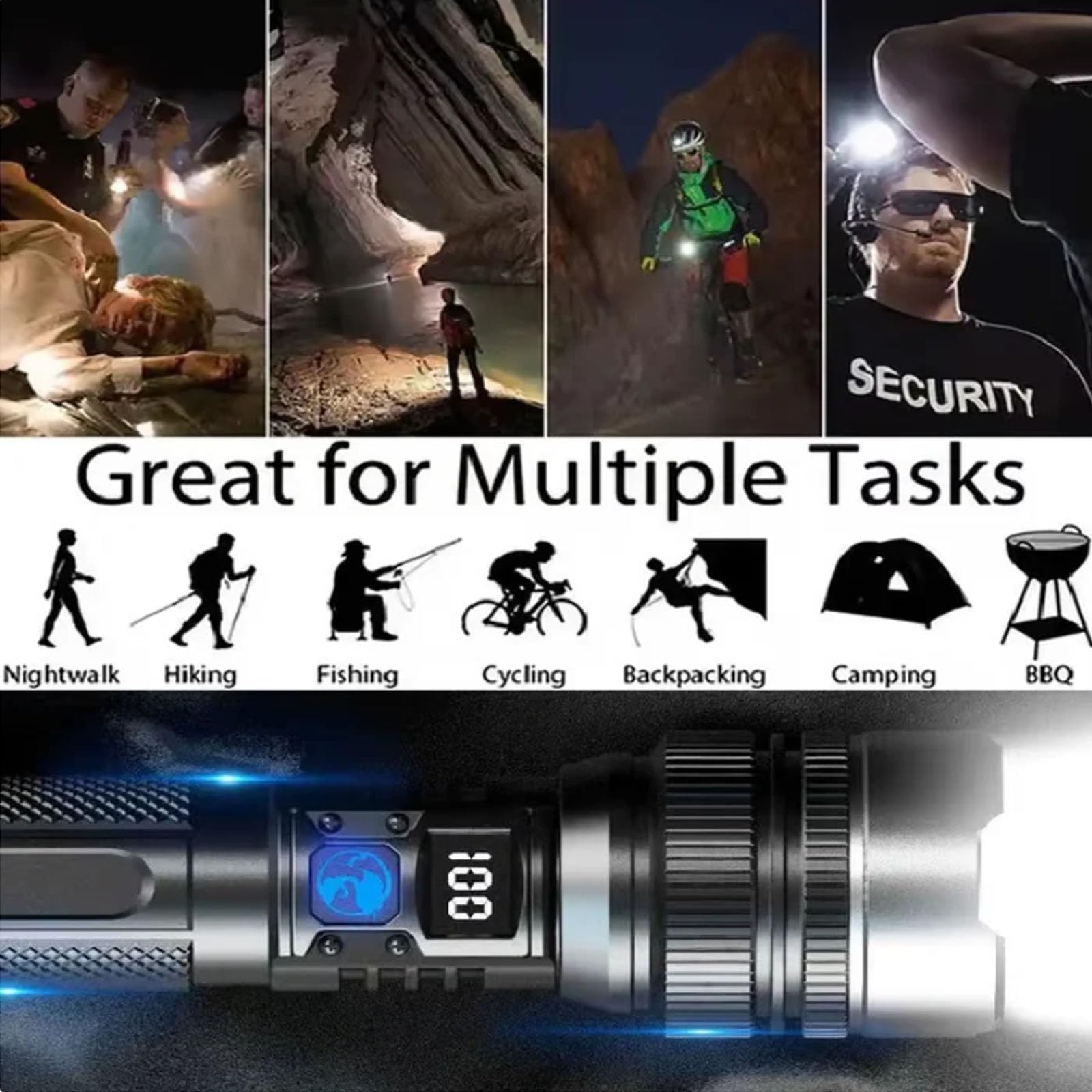Linternas - Torcia di sopravvivenza 2025, torcia tattica ricaricabile a LED, ad alta luminosità, impermeabile, zoomabile, luce portatile per campeggio, 2 pezzi