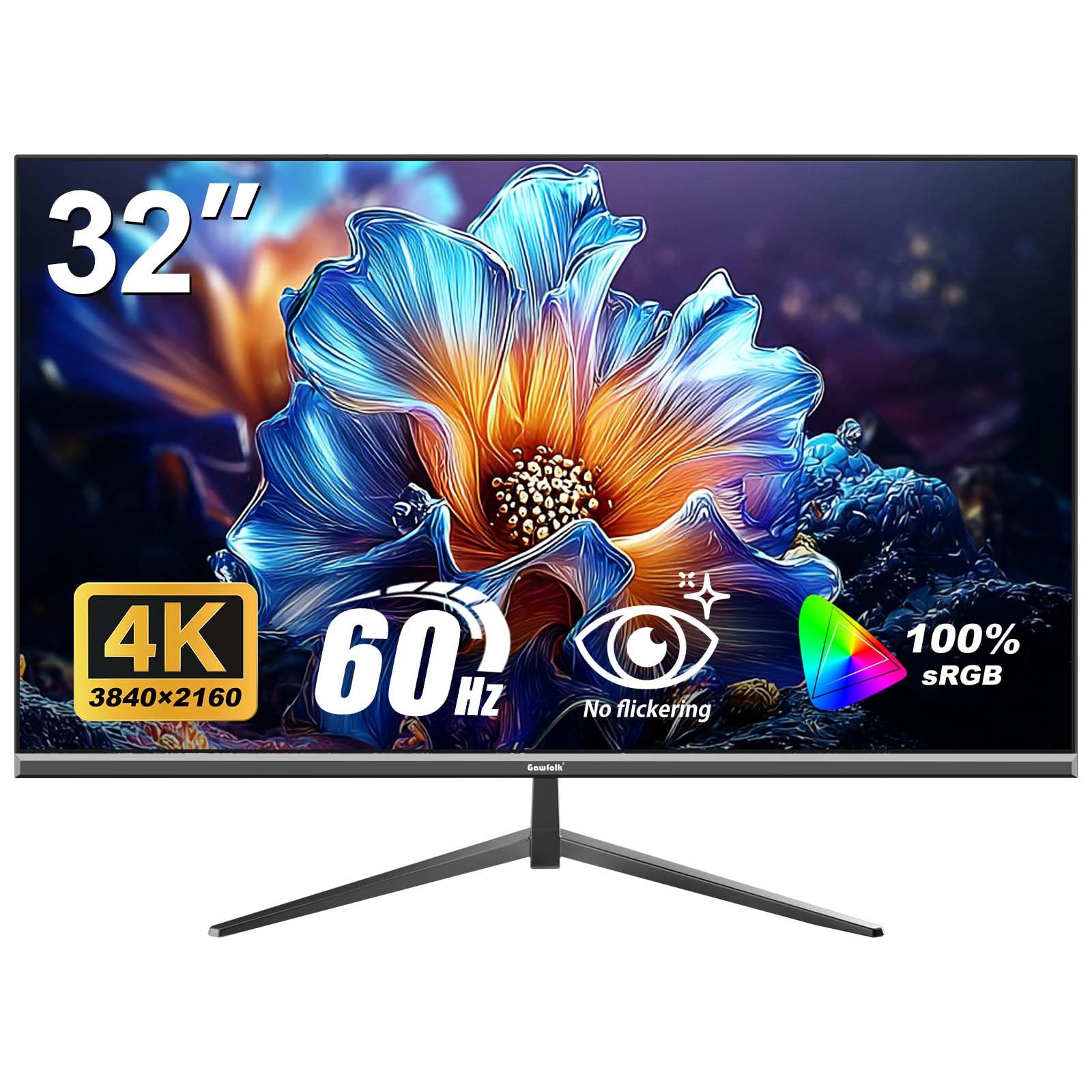 Gawfolk Monitor per computer 32 pollici 4K UHD, schermo ultra chiaro (3840×2160p), 100% sRGB, angolo di visione di 178 °, HDMI, porta display, compatibile con montaggio a parete 100 * 100 mm- nero