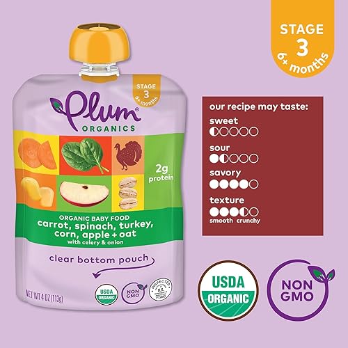 Miniatura 4 de Plum Organics  Etapa 3  Alimentos orgánicos para bebés más de 9 meses  Zanahoria, espinacas, pavo, maíz, manzana y patata  Bolsa de 4 onzas (paquete