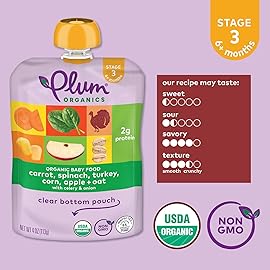 Plum Organics Stage 3 Organic Baby Food - Carrot, Spinach, Turkey, Corn, Apple, and Oat - 4 oz Pouch (Pack of 12) - Organic Baby Food Pouch
