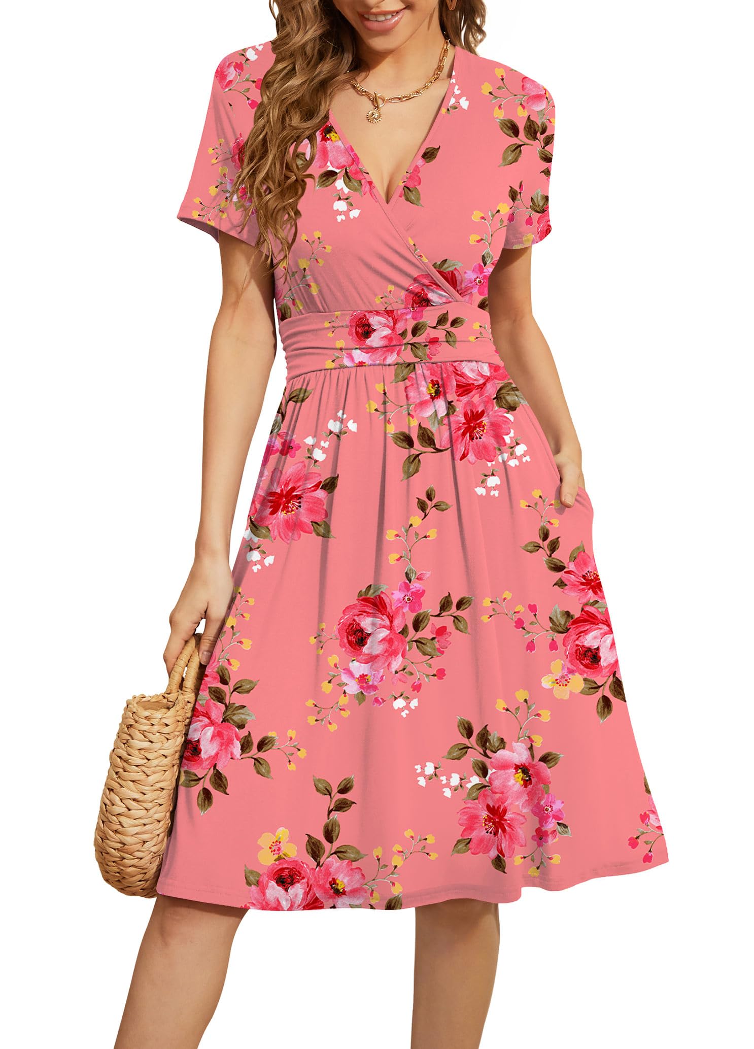 WEACZZY Women's Summer Short Sleeve Casual Dresses V-Neck Floral Party Dress with Pockets