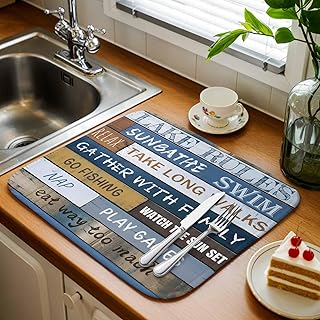 Absorbent Dish Drying Mat, Lake Rules Farm Blue Wood Board Kitchen Counter Mat Dish Drying Pad Set of 1, Quote Wooden Grain Washable Microfiber Dishes Drainer Mats