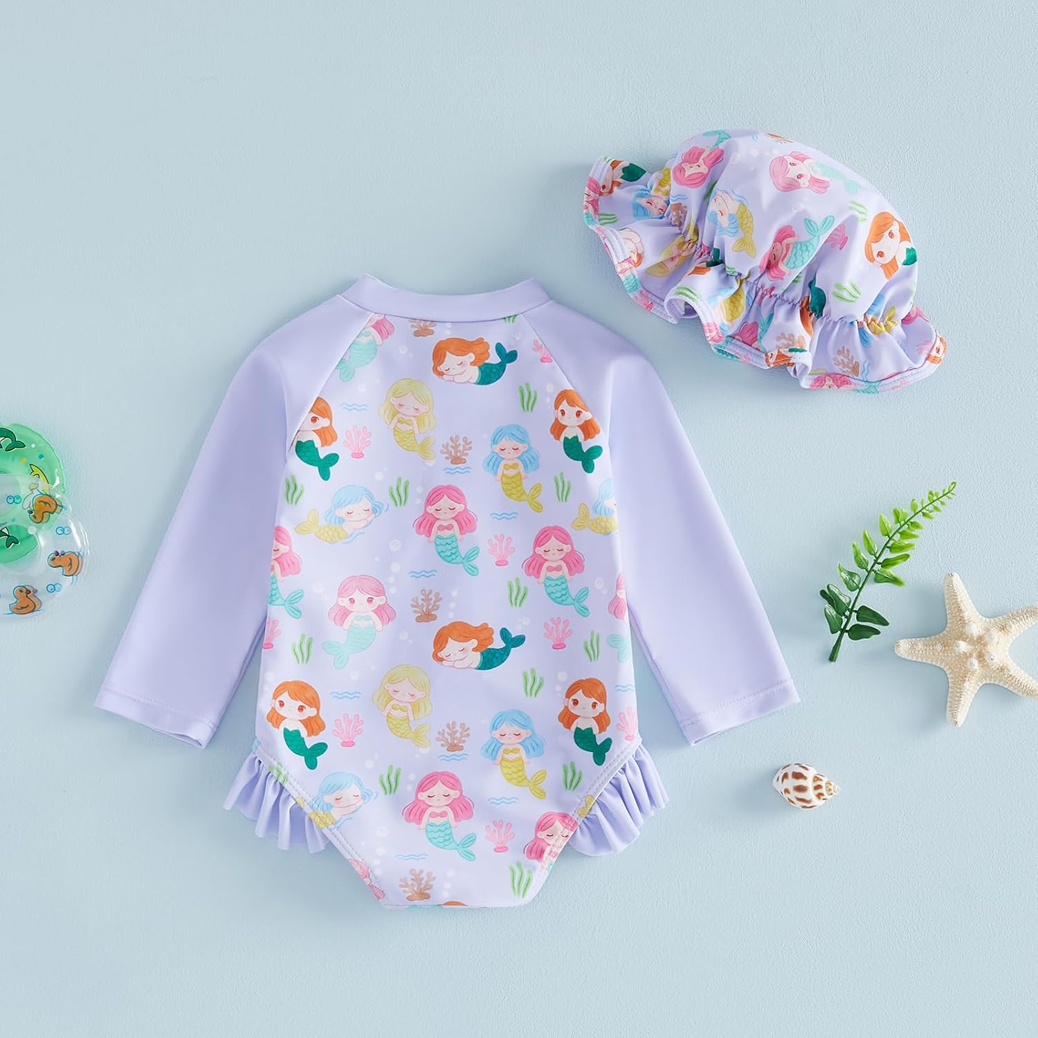 WASAIGOOD Baby Girl Long Sleeve Swimsuit Toddler Rash Guard Girl Bathing Suit Baby Mermaid Outfit Infant Swim Suits Sun Hat
