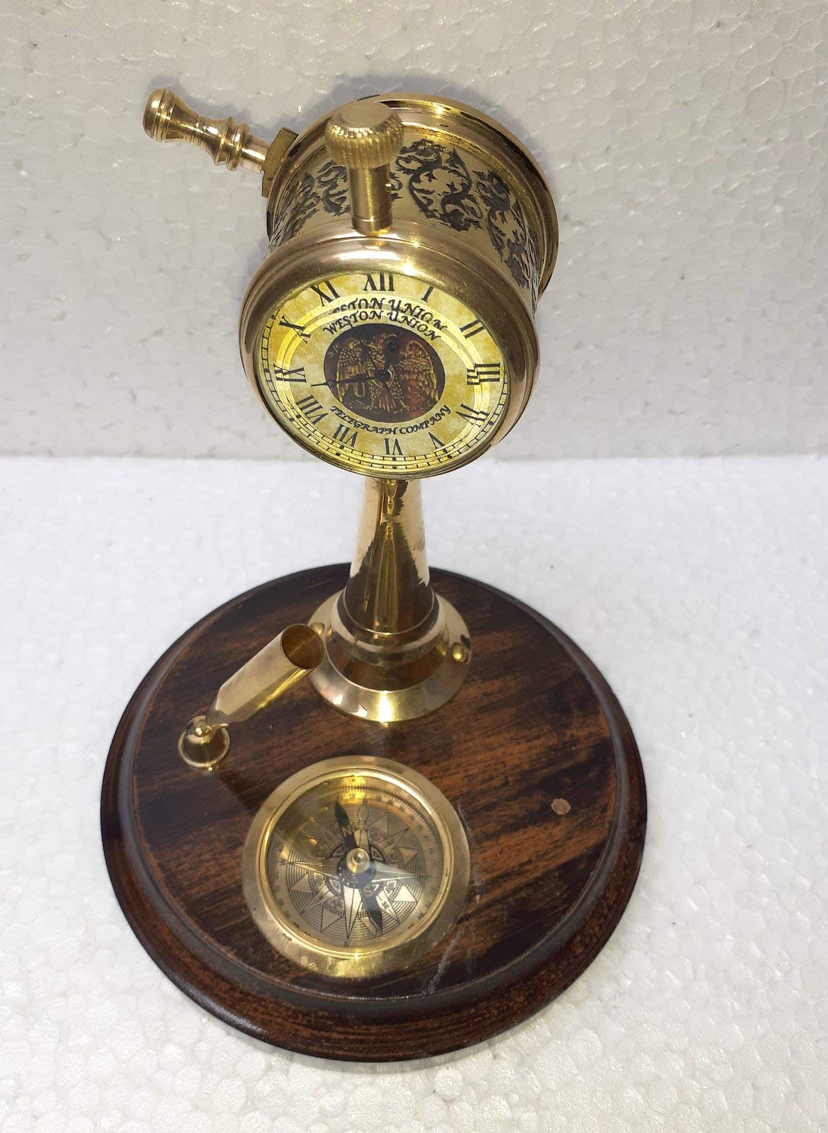 Antique Brass Table top Clock with Compass Armillary Sphere Globe Clock Desk top Wooden Base