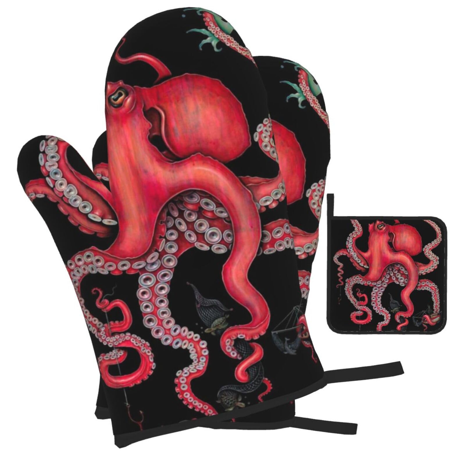 Octopus Intertwined Printed Oven Mitts and Pot Holders Heat Resistant Set of 3 Pcs, Modern Kitchen Gloves & Potholders for Cooking Baking Grilling