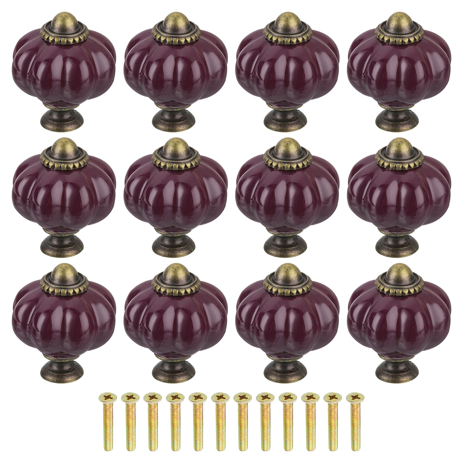 uxcell 12pcs Ceramic Pumpkin Knobs, Dark Purple Knobs Decorative Drawer Knobs Pulls, Vintage Drawer Pulls with 12 Screws for Cabinet Drawers, Closets,