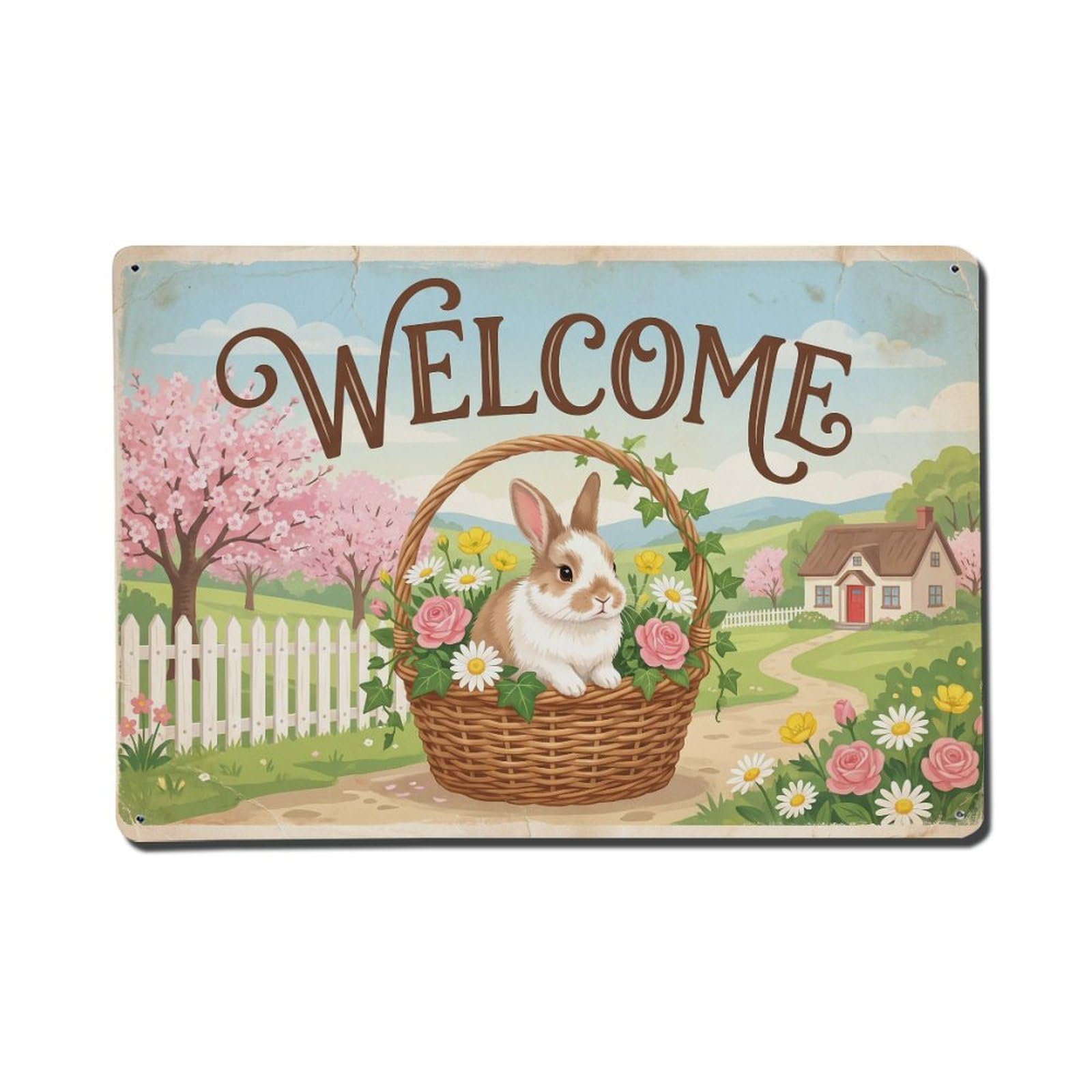 Vintage Welcome Bunny Easter Joy Metal Tin Sign