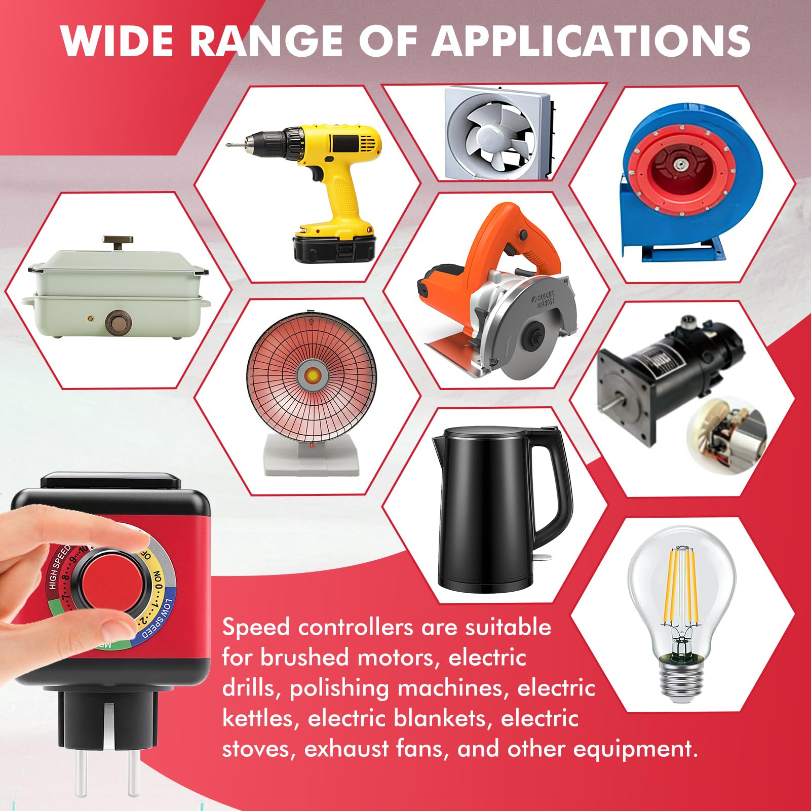 Variateur de Vitesse pour Moteur 220V, Régulateur de Tension 220V 2000W (charge résistive) 600W (charge inductive) 10A Convtrôleur de Vitesse Continu pour Meuleuse d'angle/Souffleur/Ventilateur