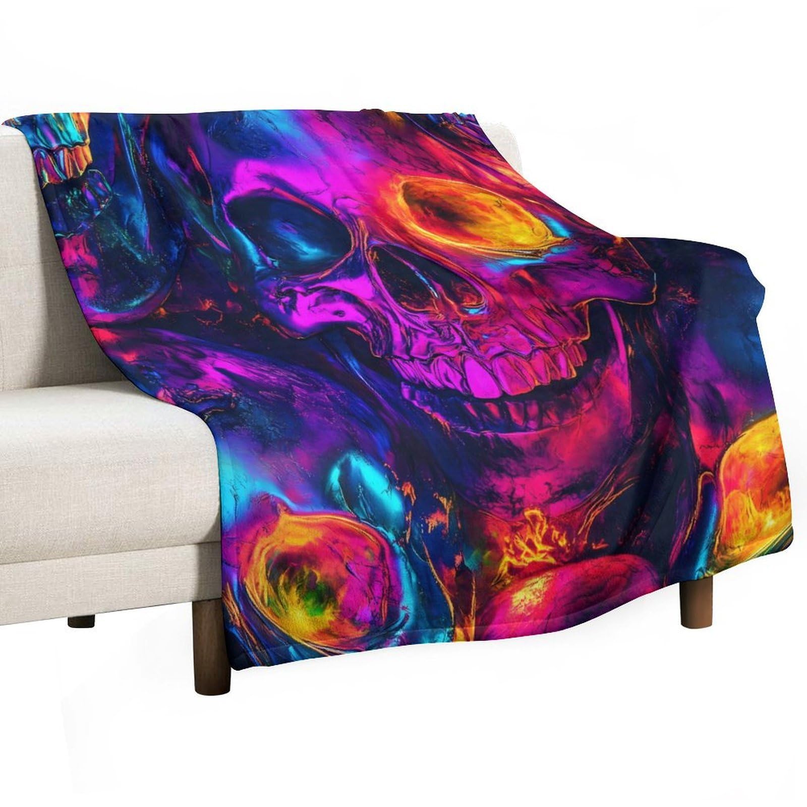 Coperta leggera con teschi colorati al neon per letto, divano, morbida flanella coperta grande calda in peluche 127 x 178 cm