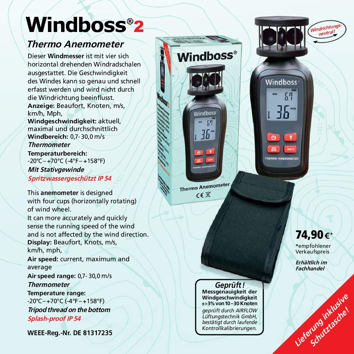 Windboss® Windmesser mit Thermometer für Surfen, Segeln, Kiten und alle weiteren Aktivitäten mit Wind. Mit Stativgewinde und Schutztasche.