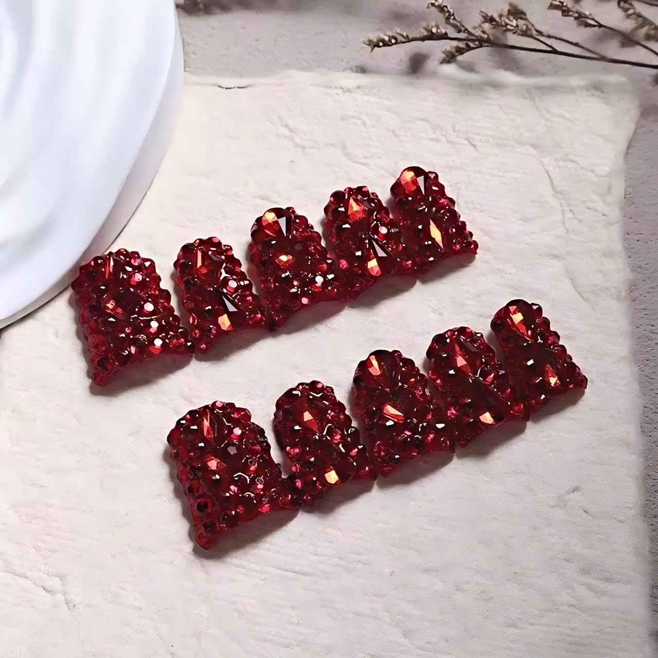 Short Duck Press on Nails - Sparkly Red Rhinestones