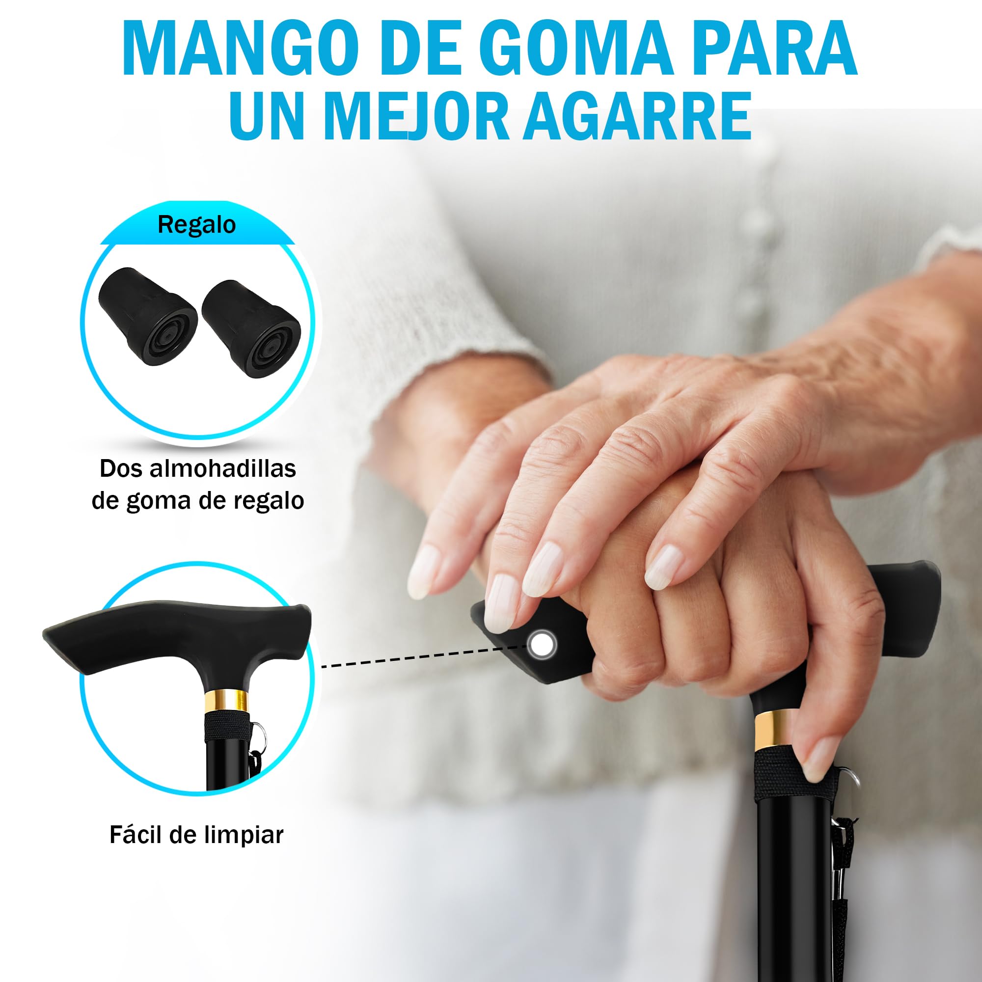 Bastón Plegable para Mayores + 2 Tapones Antideslizantes | Bastón Extensible Portátil Tapones Antideslizantes, Ideal para Caminar y Andar (Negro)