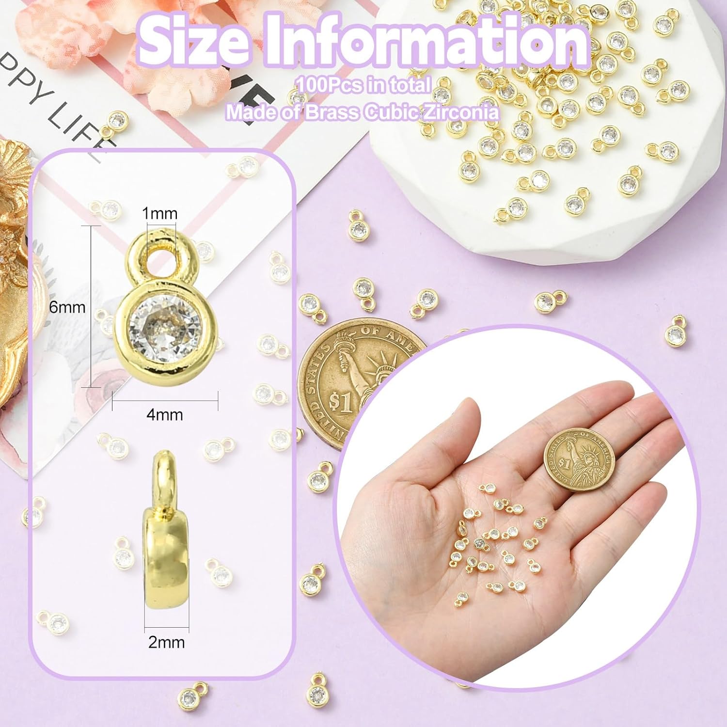 KitBeads 100pcs Cubic Zirconia Round Crystal Bead Charms 18k Real Gold Plated Crystal Rhinestone Charm for Jewelry Making Bracelets Earrings Crafts - Image 2