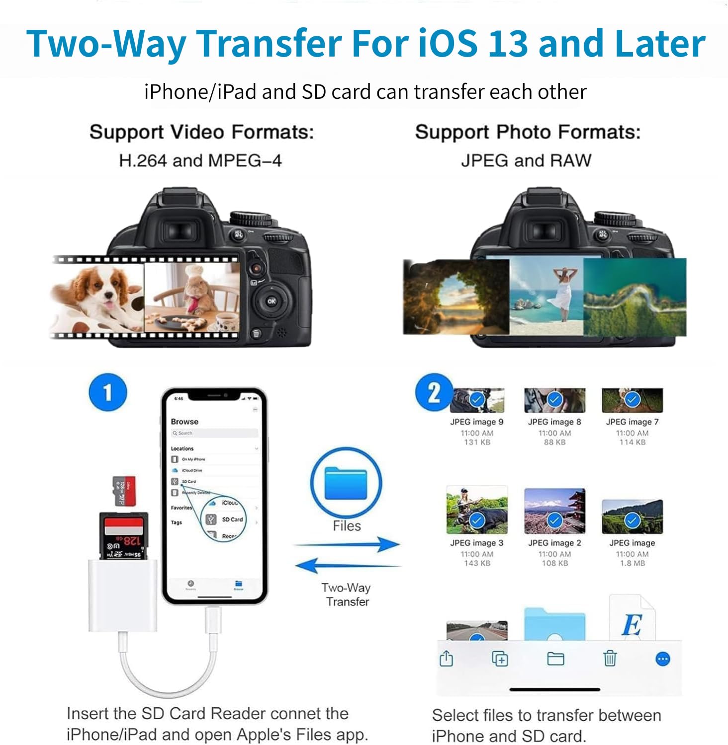 Lecteur de Carte SD pour iPhone iPad, Lightning Adaptateur de Carte SD Double Fente Micro SD/SD