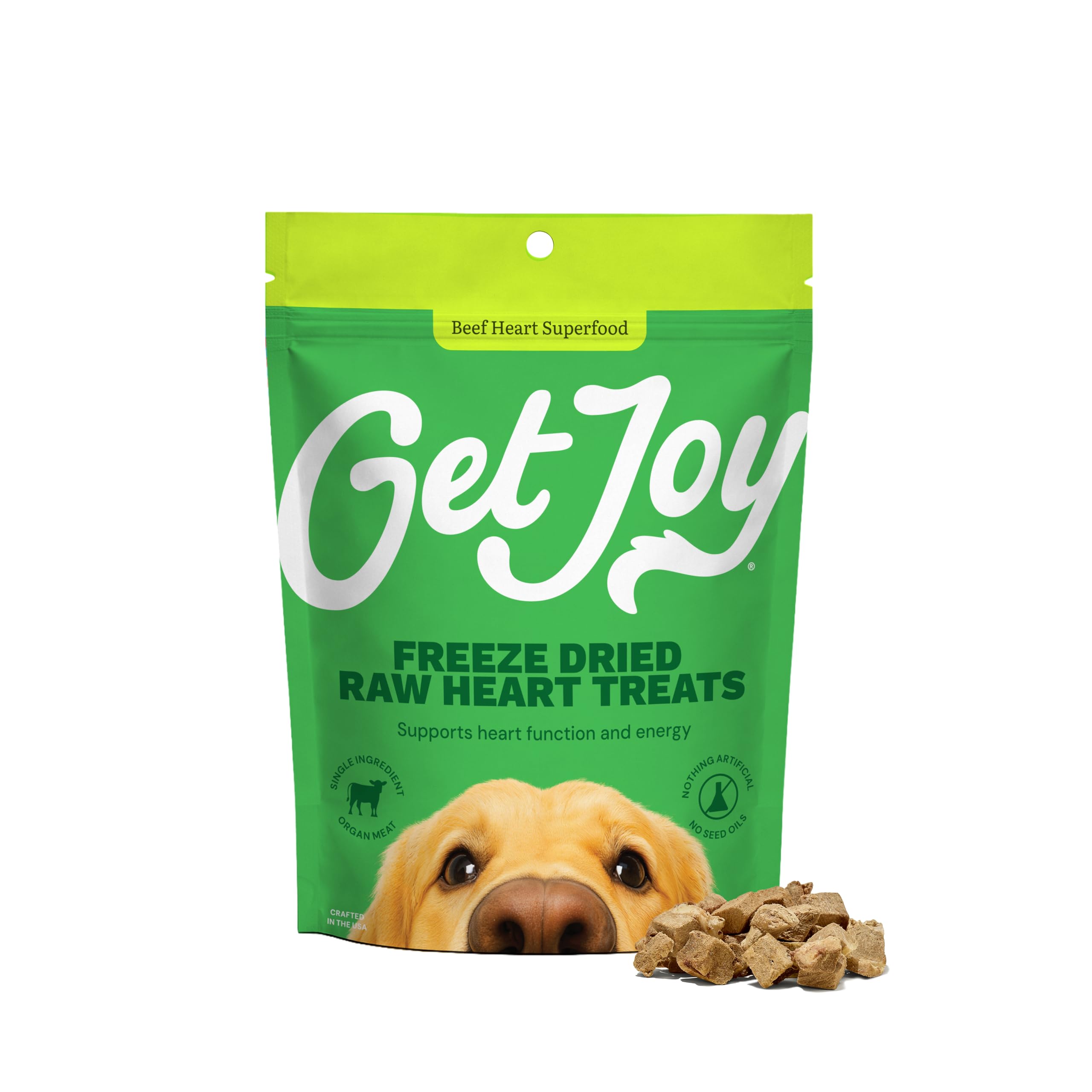 Get Joy Freeze Dried 100% Beef Heart Dog Treats, 2oz | Single Ingredient Organ Meat, High Protein Raw Dog Food Topper, Snack &amp; Training Rewards | Grain Free, Gluten Free, Filler Free