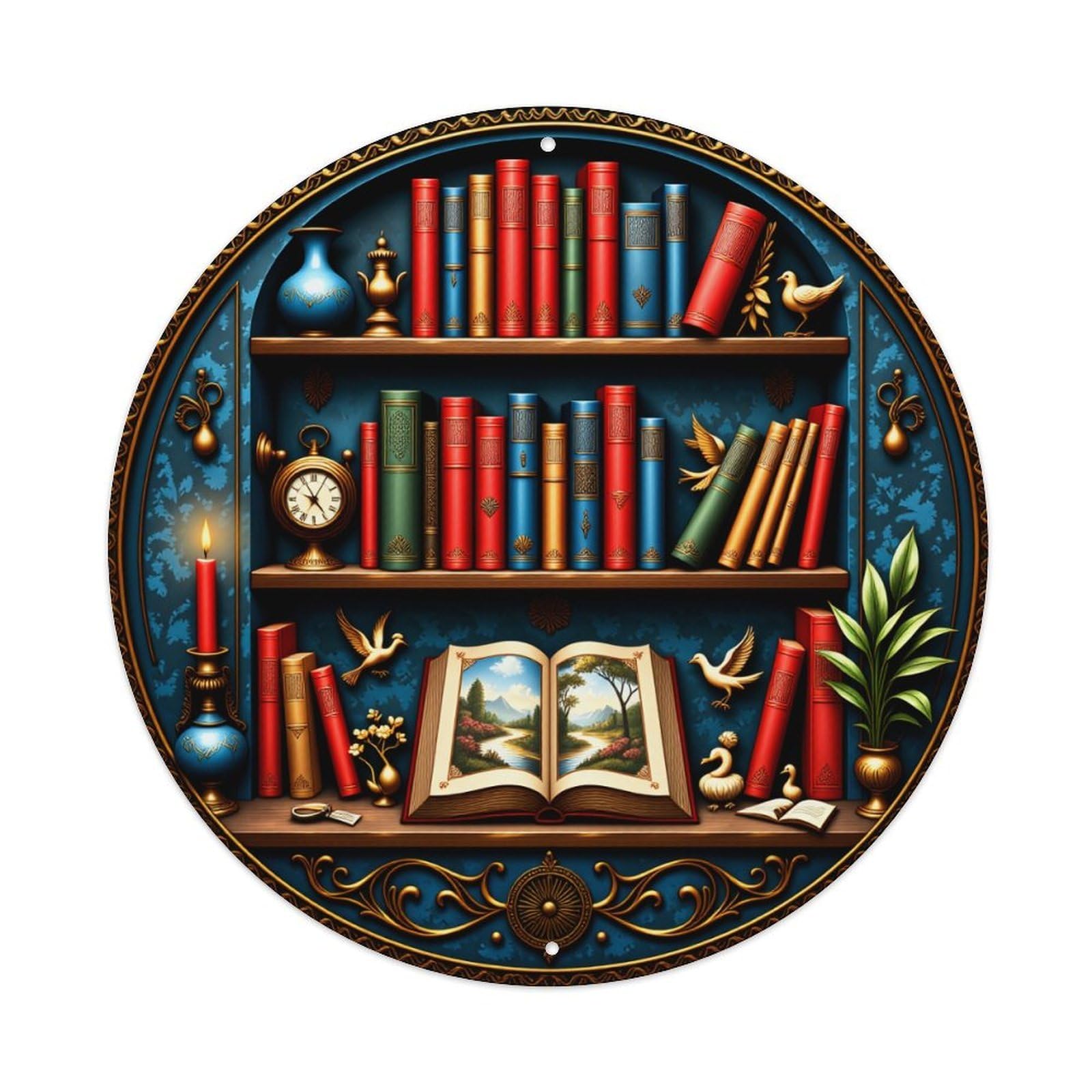 Vintage Bookshelf Scene With Birds And Plants Vintage Metal Tin Sign Retro Wall Decor for Home Bar Garage Cafe, Indoor & Outdoor Decorative，circle Metal Poster, 8x8 Inch