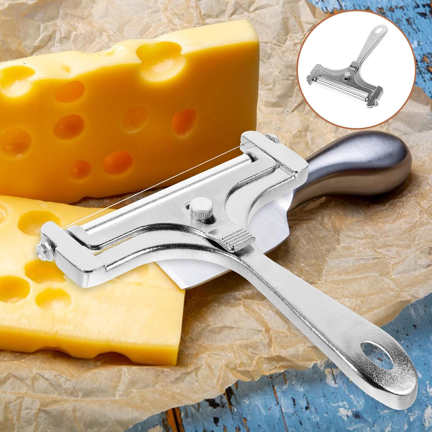 FRCOLOR Adjustable Stainless Steel Cheese Slicer Cutter Wire Cheese Cutting Tool for Cooking Butter Cutting Kitchen Utensils with Matte Silver Finish