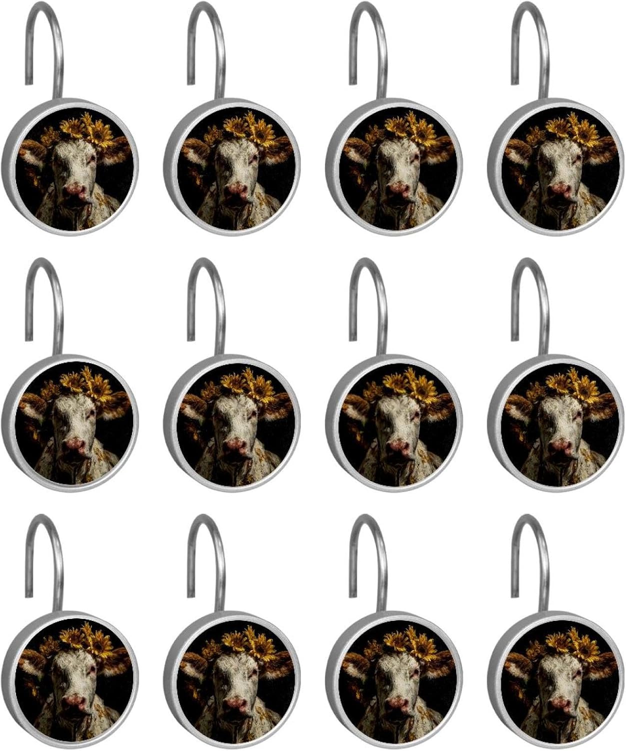 Cow with Sunflower (3) Round Crystal Glass Decorative Shower Curtain Hooks with 3D Pattern Visual, Rust Proof Shower Curtain Rings-12 Pack
