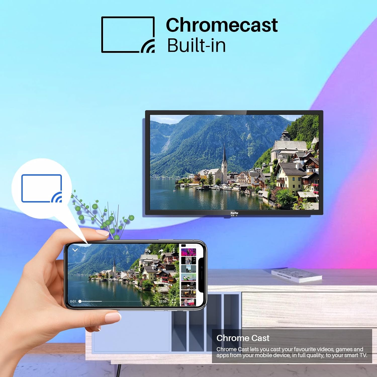 Chromecast built-in feature demonstrating casting from a phone to the TV