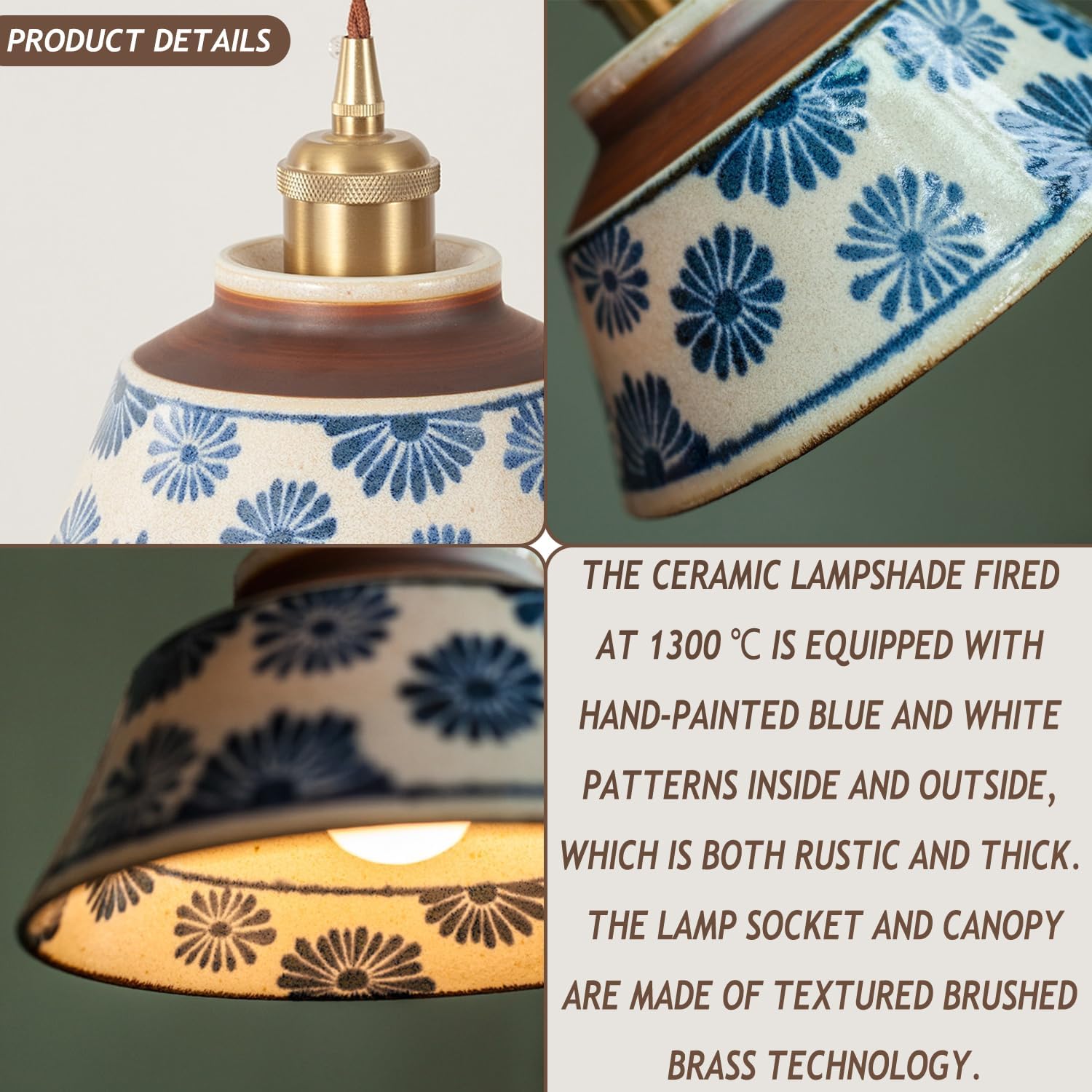 Blue and White Porcelain Pendant Light Vintage Glass Farmhouse Pendant Lighting Kitchen Island Antique Chandelier Nordic Ceramics Modern Hanging Lamp for Dining Room Bedroom Restaurant