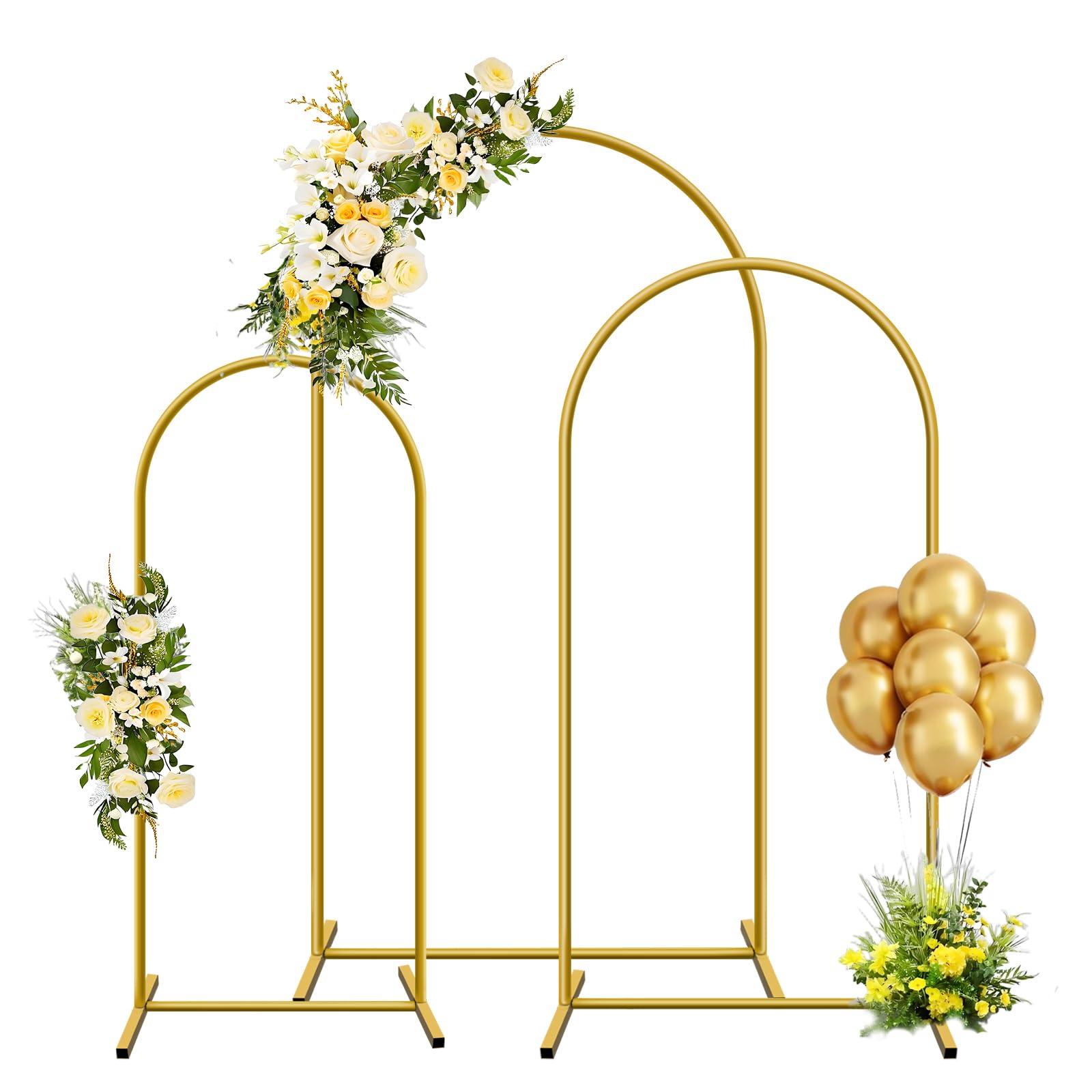 YAYOYA Metal Arch Backdrop Stand, Set of 3 Wedding Arched Frame with 12 Ground Nails, Stable Arched Background Stand for Wedding, Baby Shower, Birthday Party, Photography, Gold (4/5/6 ft)