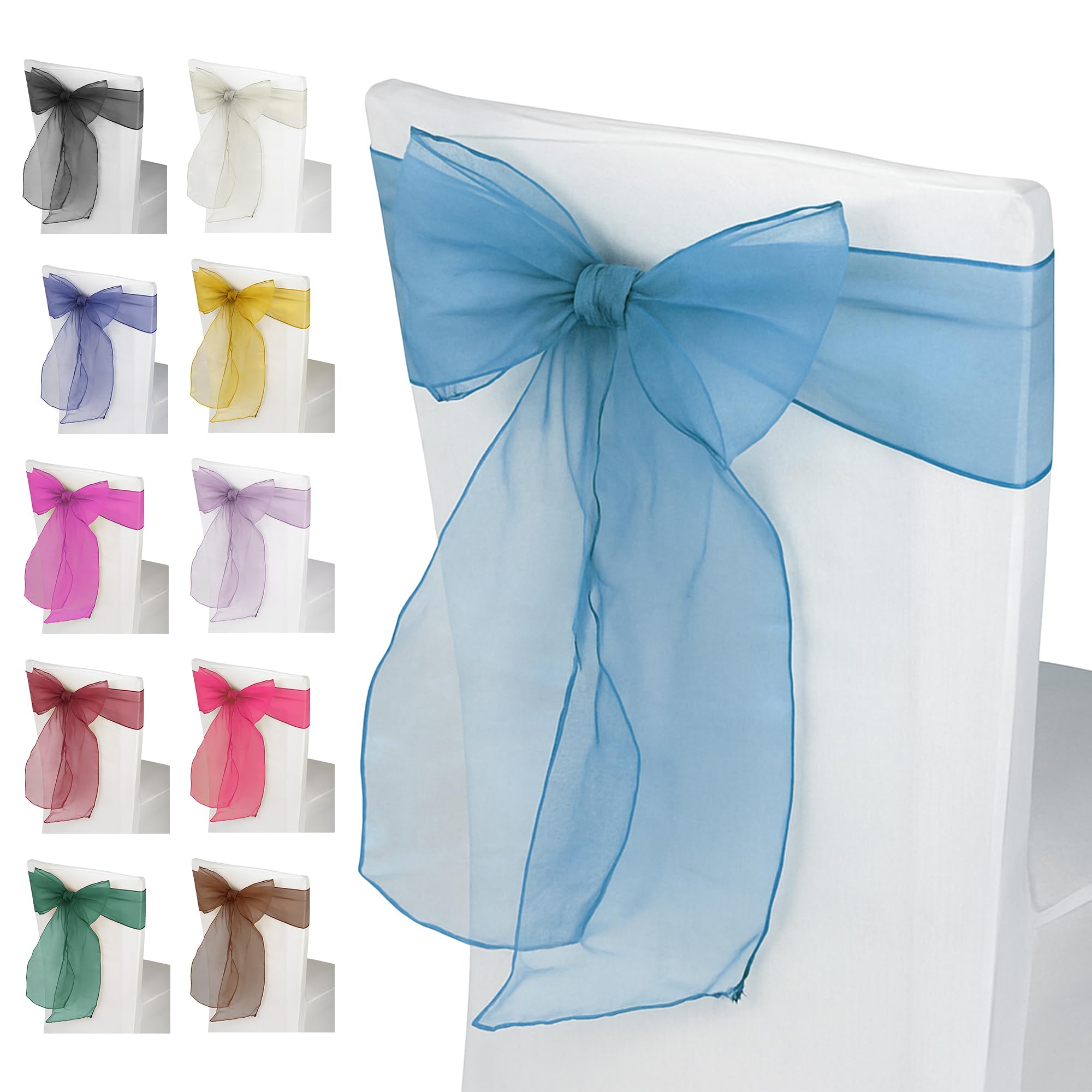 Nœud de chaise en organza bleu bébé de 17x274 cm pour décoration de mariage et fête - Lot de 10