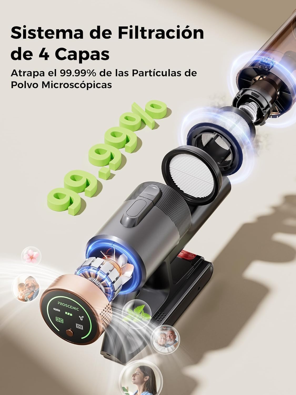 Proscenic P11 Ultra Aspiradora sin Cable 50KPa/500W/50Min, Ligera y Autoportante, Aspiradora Escoba Vertical Potente con Luz Verde, Cepillo Antienredo y Pantalla LED, Alfombras/Suelos/Pelo de Mascotas