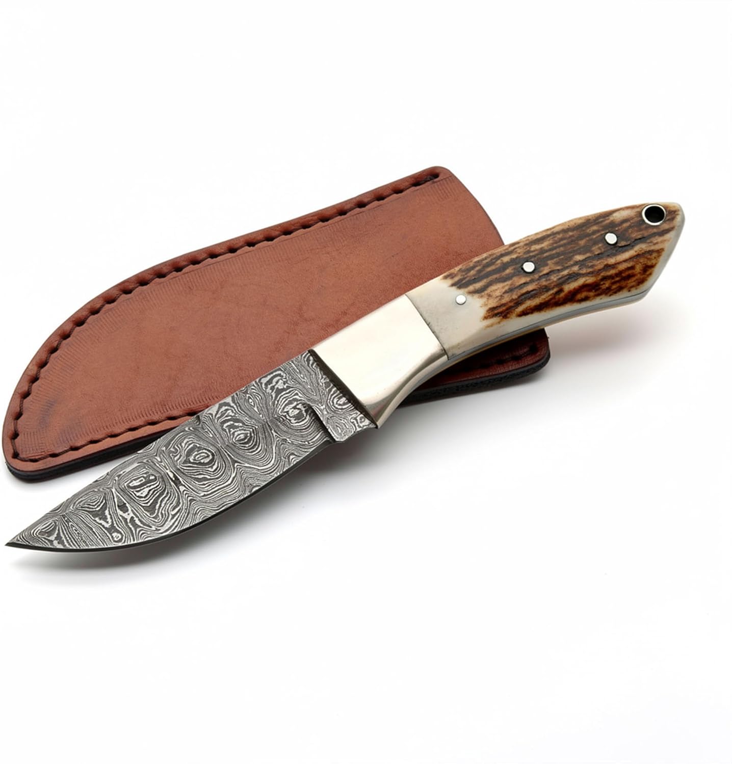 SANZ Damascus Hunting Knife 8 Inch - Camping Knife with Ram Style Handle, Ful Tang Steel Blade & Sheath - Pocket Knife for Hunting, Outdoor uses & Camping