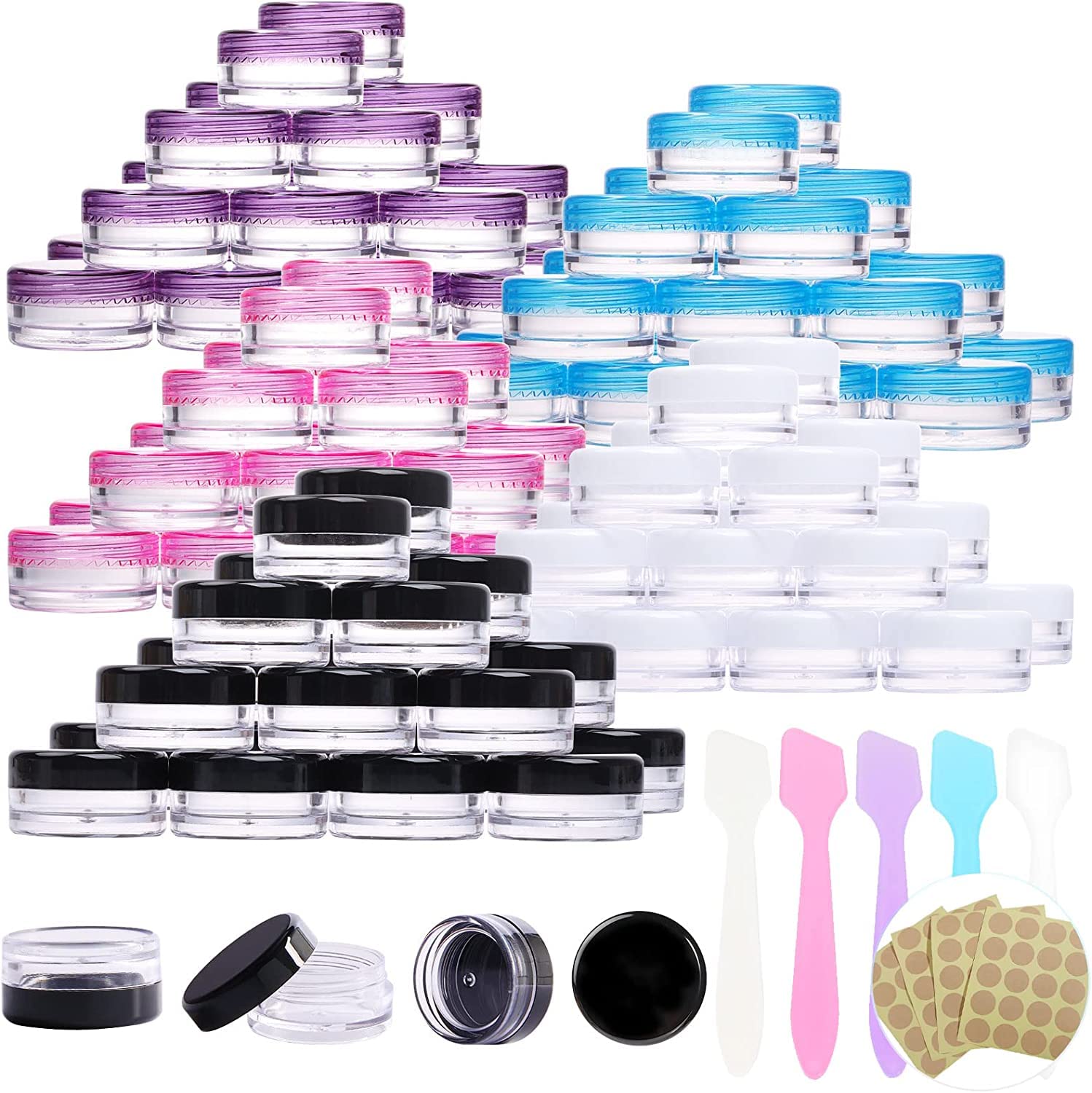 Ouoobea Multicolor 100Pcs Clear Sample Empty Containers With Lid 3G, Bpa Free Travel Round Jars, Leak Proof Cosmetic Pot Jars, Refillable Sample Containers For Makeup, Powder, Jewelry, With 5 Mini Spatulas