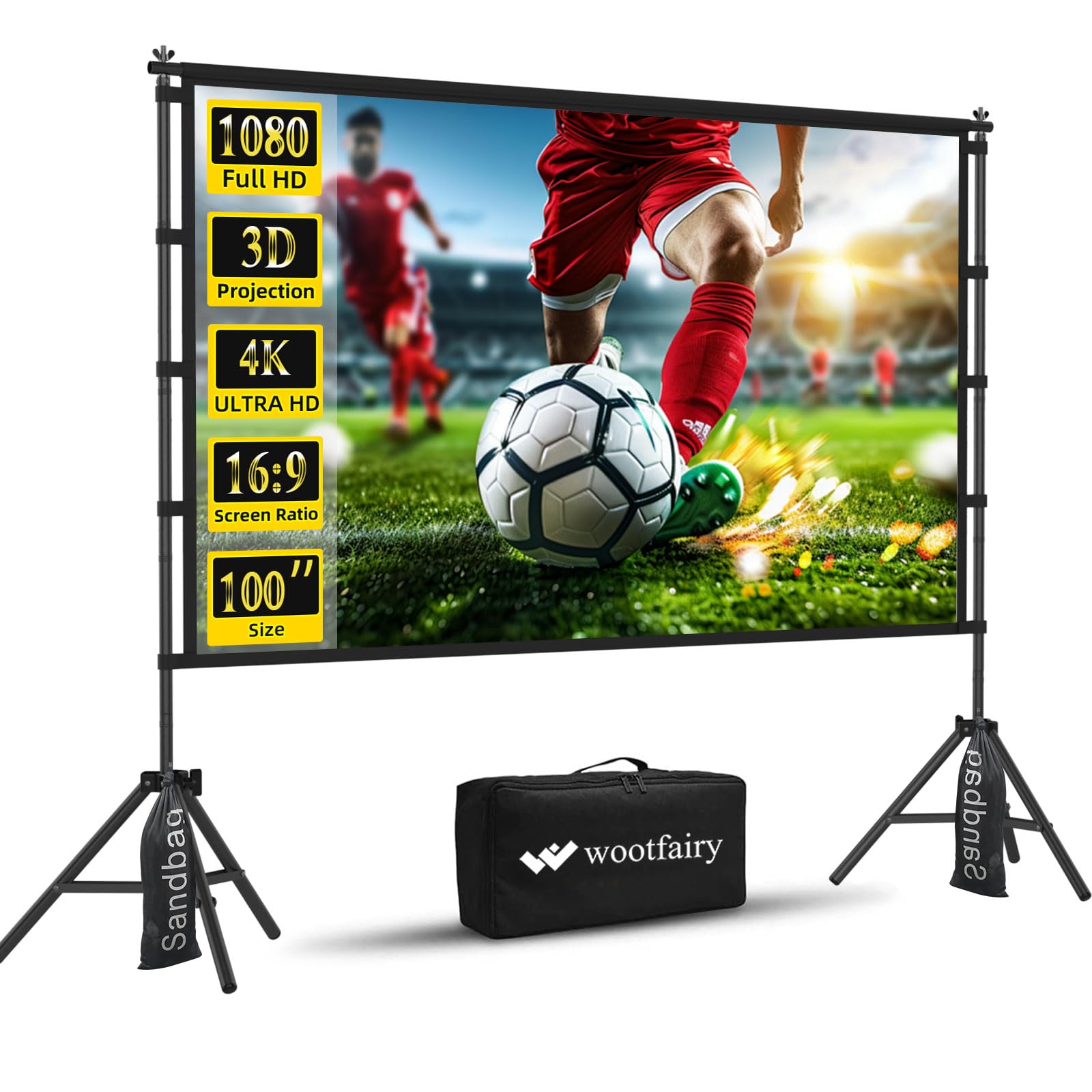 Wootfairy 100" tragbare Faltbare Projektionsleinwand mit Stativ, 16:9 4K HD, vorne/hinten projizierbar, knitterfrei, inkl. Tragetasche – Heimkino & Outdoor
