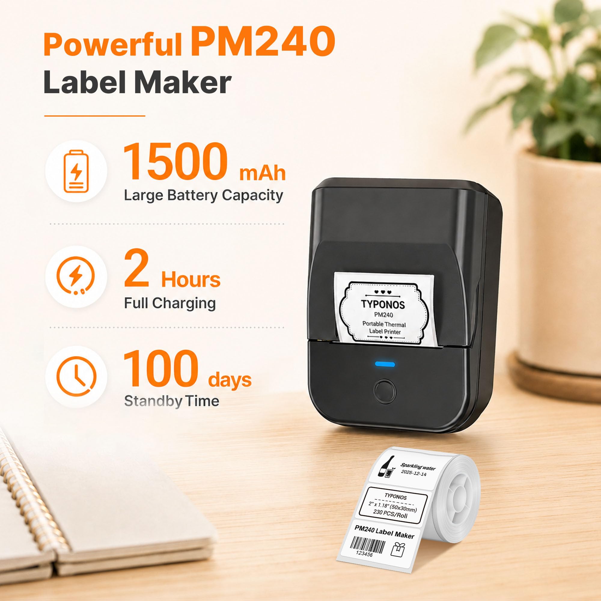 PM240 Etikettendrucker Bluetooth,2 Zoll Aufkleber Drucker,Wiederaufladbar Label Printer,Labeldrucker,Sticker Drucker,Etikettiergerät mit Mehreren Vorlagen für Geschäft Büro Schule Heim DIY