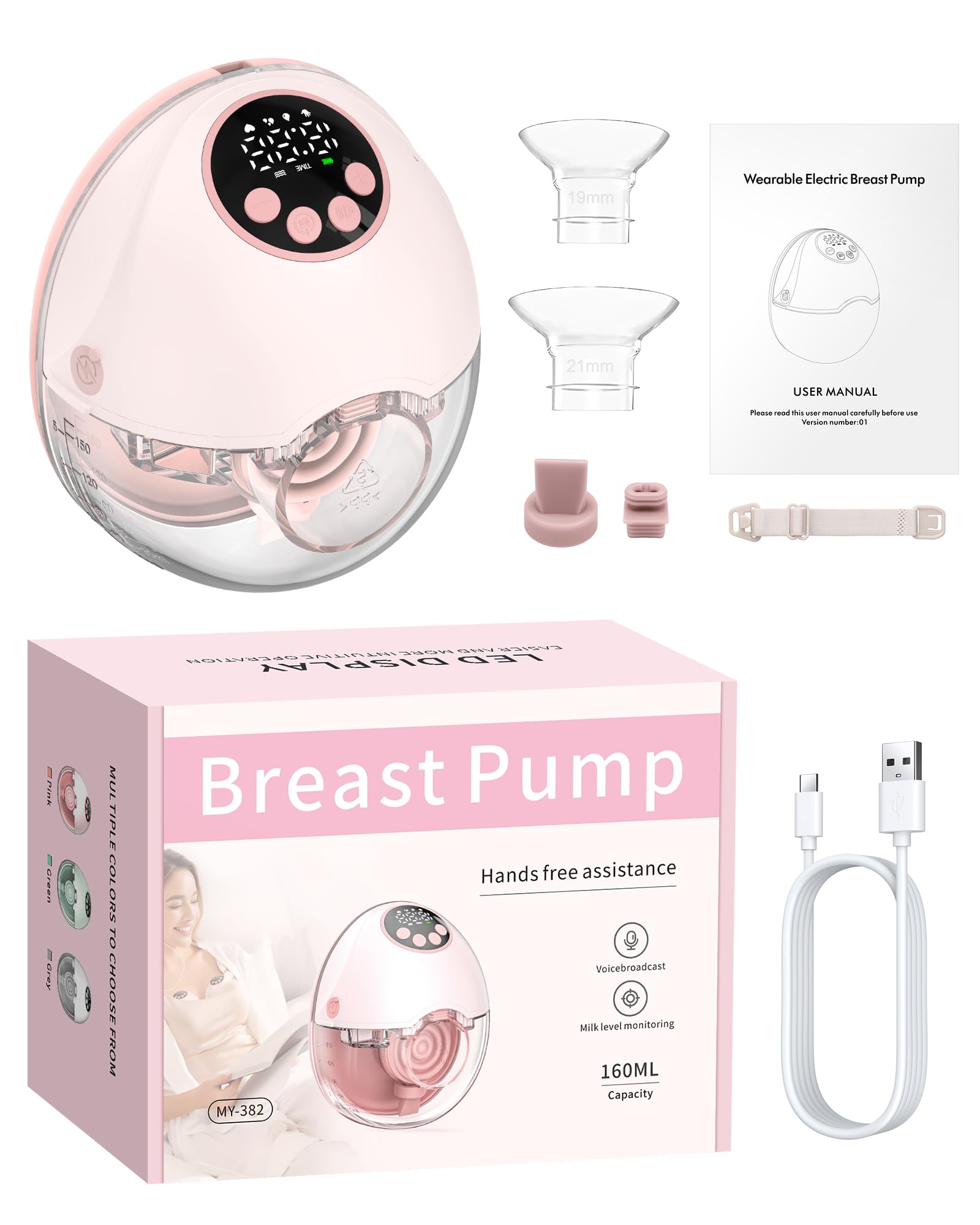 eSynic Tire-lait Électrique Main Libre Portable Diffusion Vocale Détection de Niveau de Lait Anti-éclaboussures 4 Modes 12 Niveaux avec Écran LED Bride 24/21/19mm Pompe Électrique à Lait sans fil-Rose