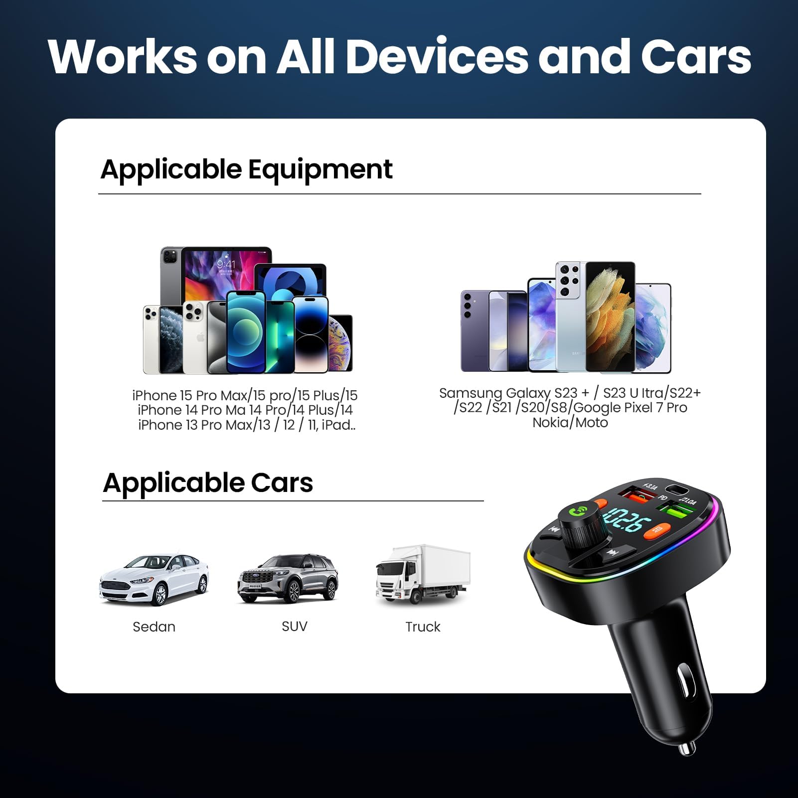 GlasFlength Transmiter FM Auto Bluetooth, adapter do radia samochodowego z zestawem głośnomówiącym PD 20 W i Typ-C QC 3.0 Bass & Hi-Fi Stereo szybkie ładowanie z niebieskim światłem otoczenia