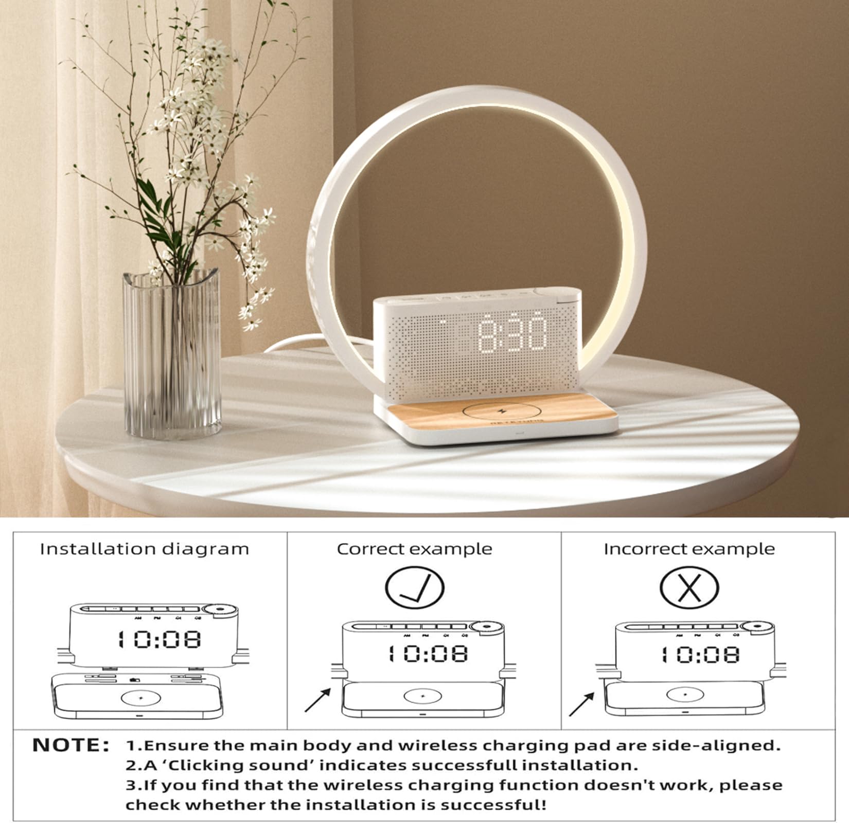 RETEYUNG Lámpara de cabecera con función de carga,Cargador Inalámbrico de 10w,2 Despertadores,Reloj despertador con luz,10 Sonidos Relajantes,3 Niveles de Brillo,Adecuado para dormitorio,salón.