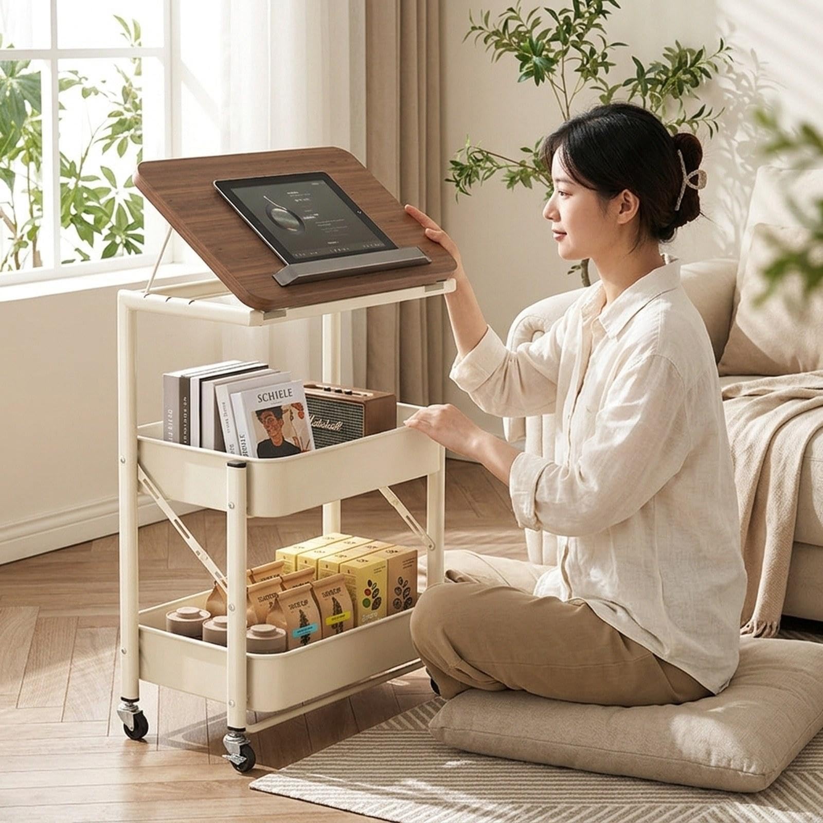 Gralara Carrito Utilitario con Ruedas, Multifuncional, Plegable, Organizador de Almacenamiento, Mesa Auxiliar Móvil, Bandeja para Sofá, de Noche, Blanco, Individual