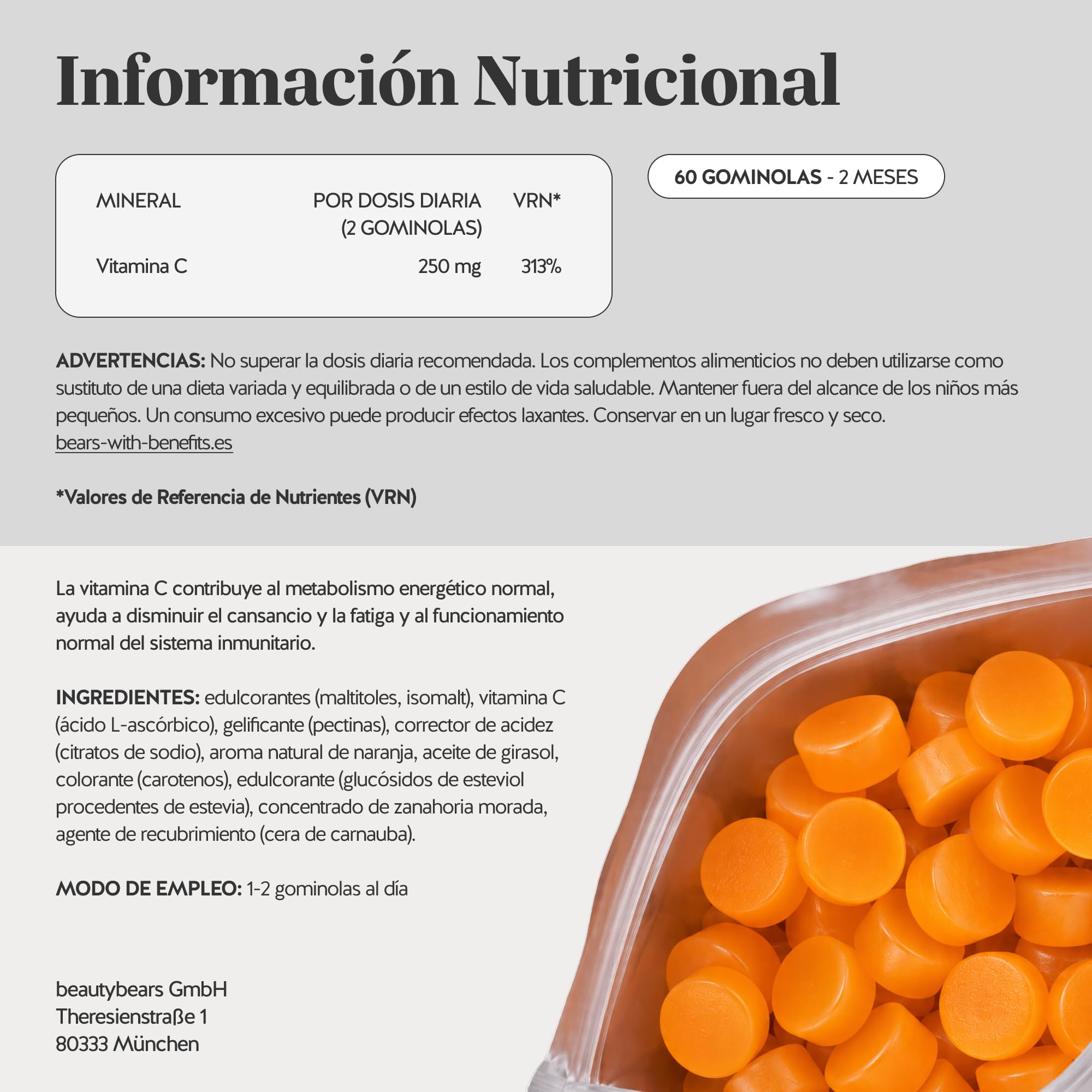 Bears with Benefits - Gominolas Vitamina C 250mg - Inmunidad- 60 unidades
