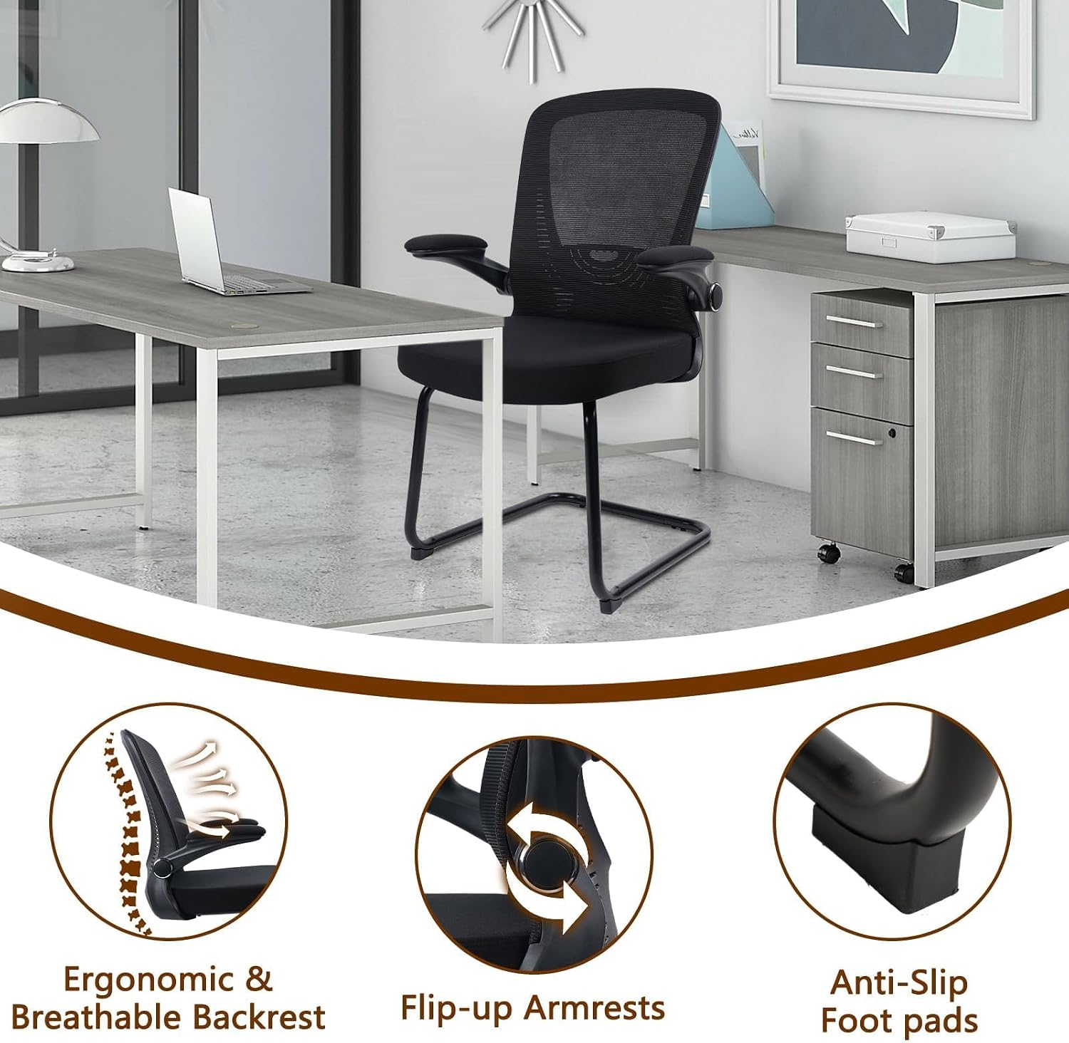 CLATINA Office Guest Chair no Wheels with Lumbar Support and Flip-up Armrest Mid Back Mesh Space Air Grid Series Sled Base for Reception Conference Room Black Set of 8